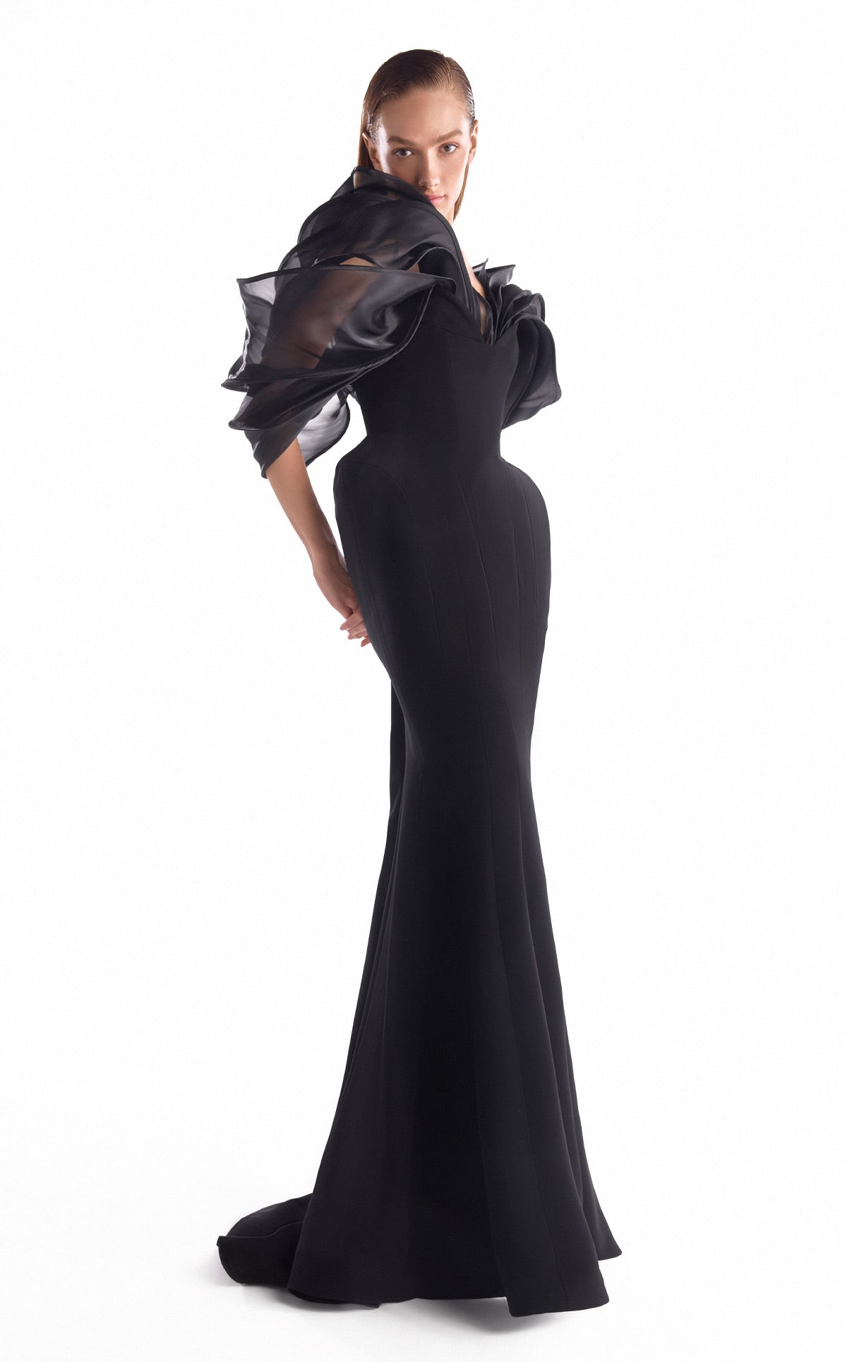Gaby Charbachy G2110 Black Crepe Mermaid Gown with Sculpted Hips & Organza Petal Shoulders