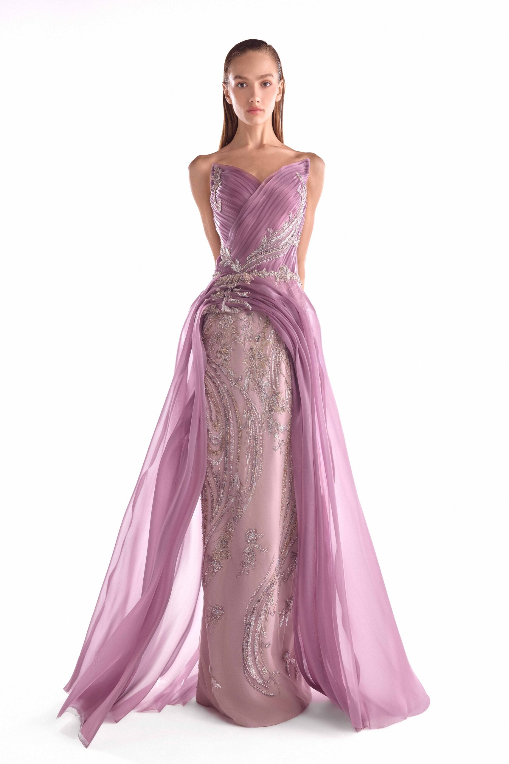 Gaby Charbachy G2131 Old Rose Floral Lace Gown with Organza Draped Train