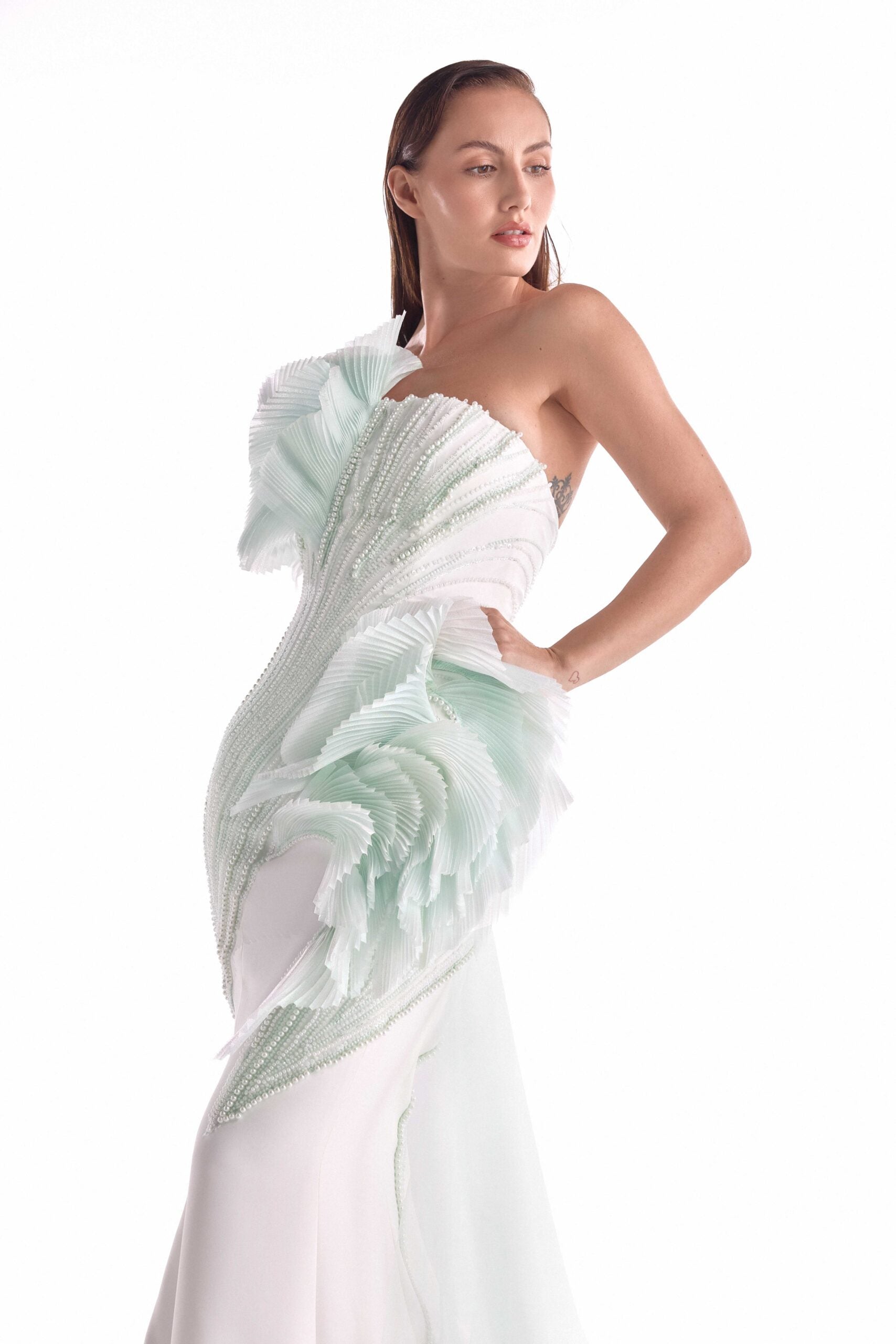 Gaby Charbachy G2135 Pearl Lace Pleated Organza Mermaid Gown