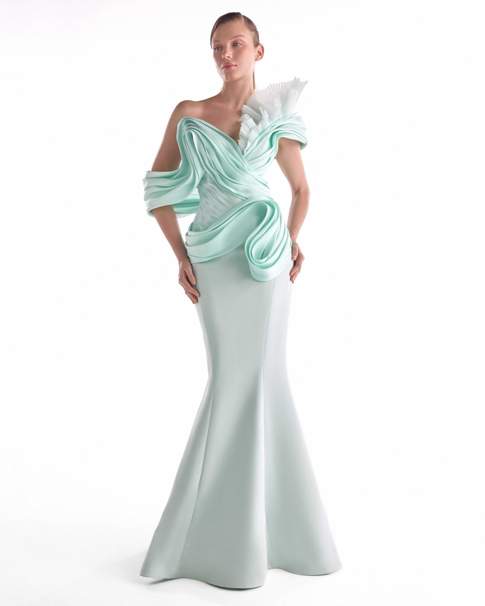 Gaby Charbachy G2136 Mint Organza Off-Shoulder Mermaid Gown