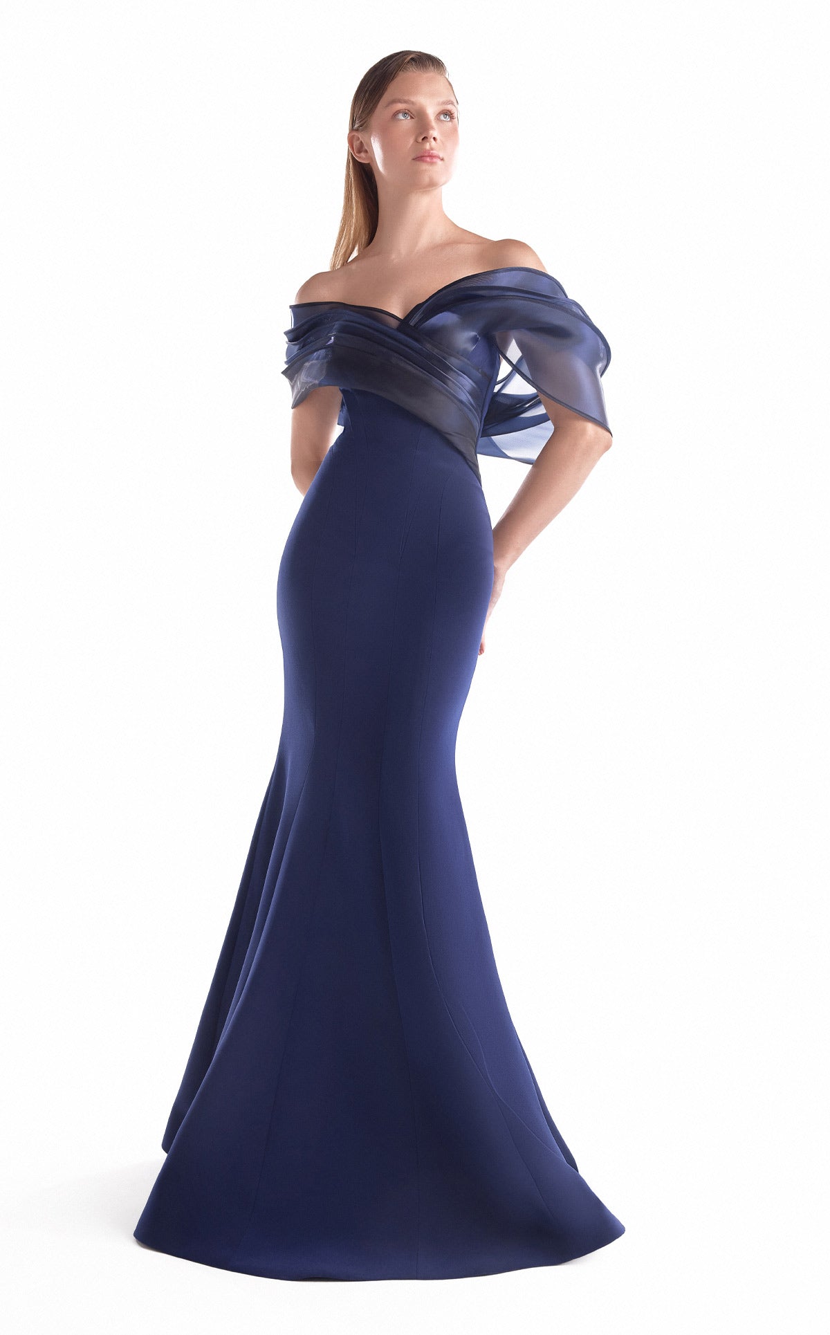 Gaby Charbachy G2144 Crepe Mermaid Gown with Off-Shoulder Organza Draping
