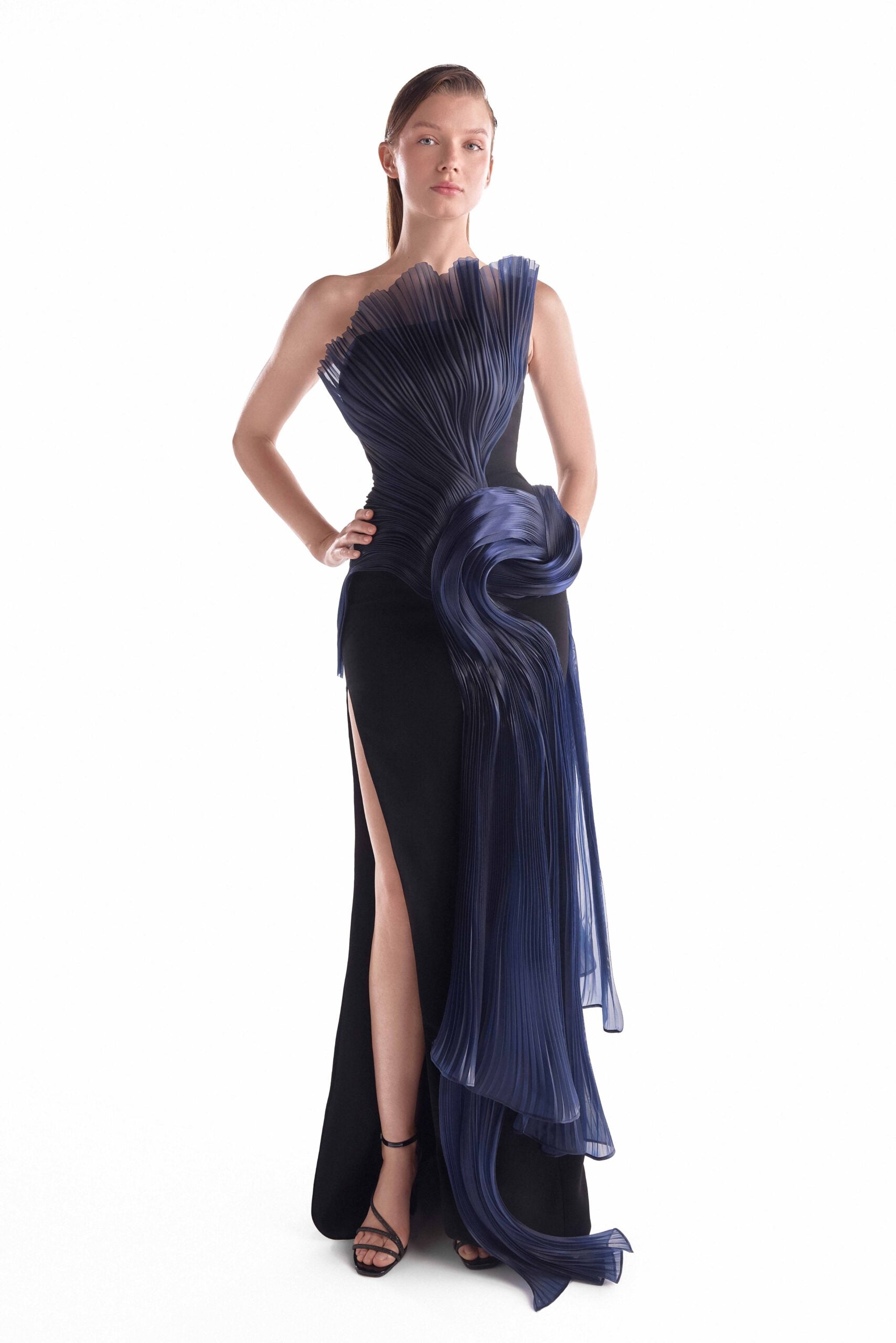 Gaby Charbachy G2145 Navy Blue Strapless Crepe Gown with Pleated Organza Draping & High Slit
