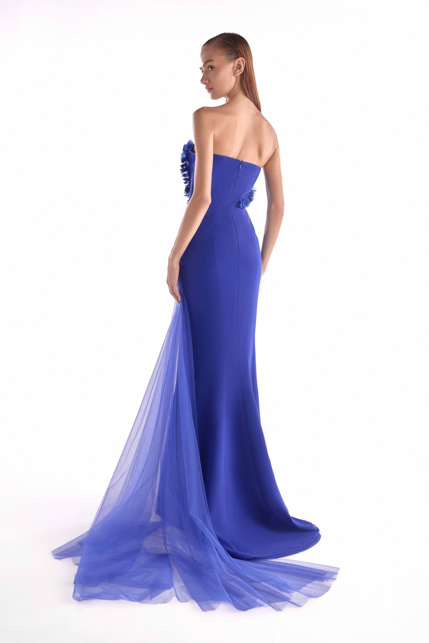 Gaby Charbachy G2149 Royal Blue Strapless Boned Corset Gown with Floral Appliqué & Tulle Train