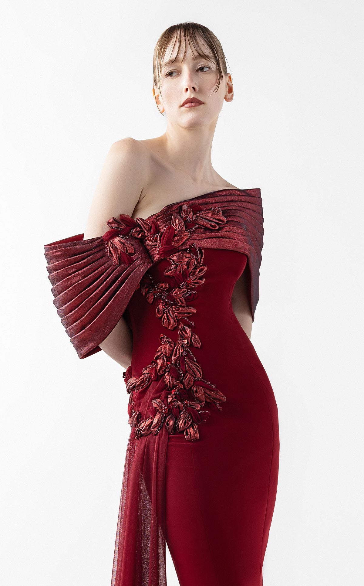 Grand Bordeaux Mermaid Gown with Embroidered Organza G2022