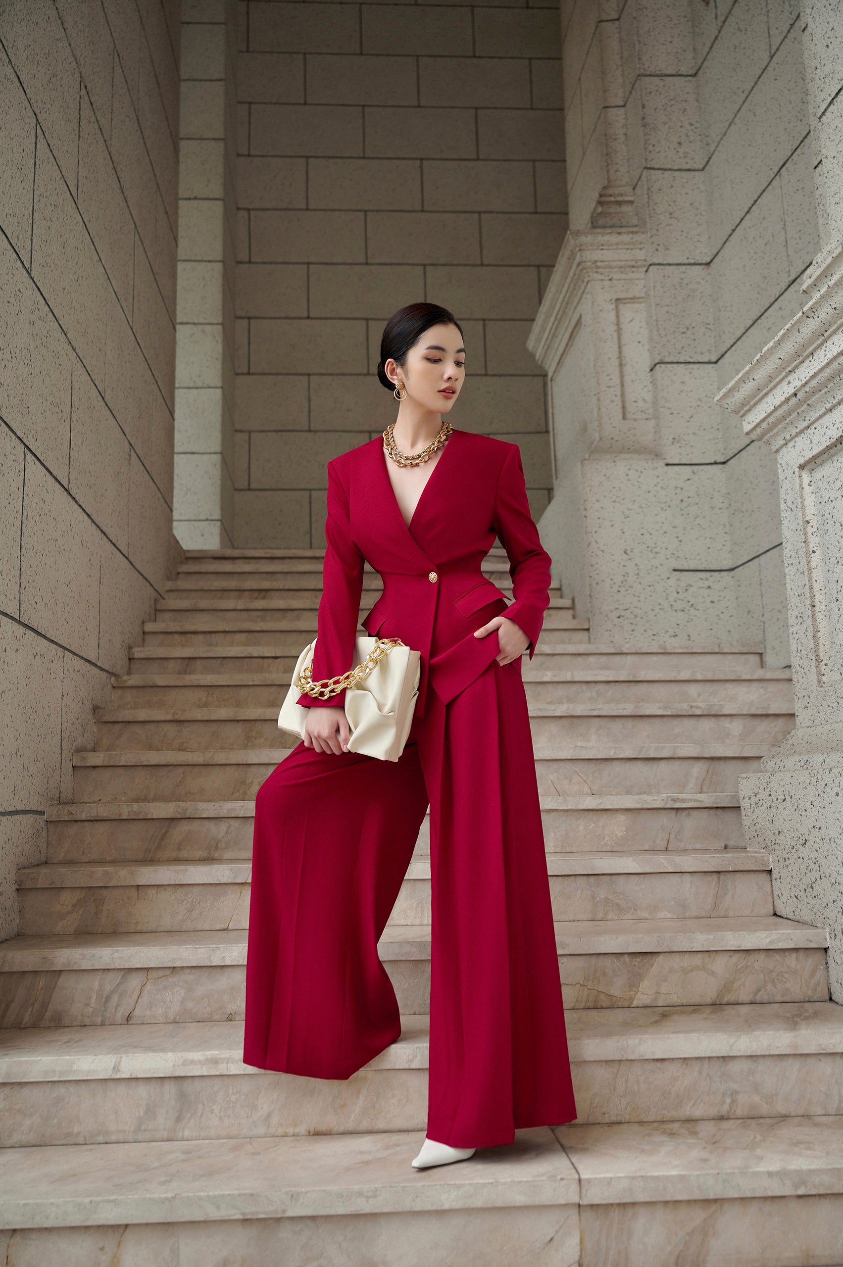 Helena Red Velvet Corset Blazer Red Velvet Wide Leg Pants