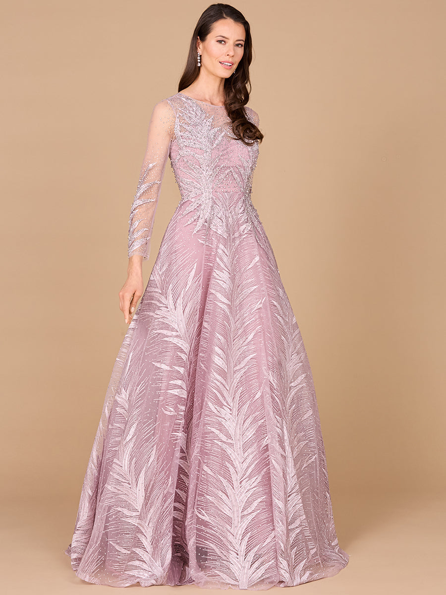 High Neck Sheer Long Sleeve Embellished Gown 29761