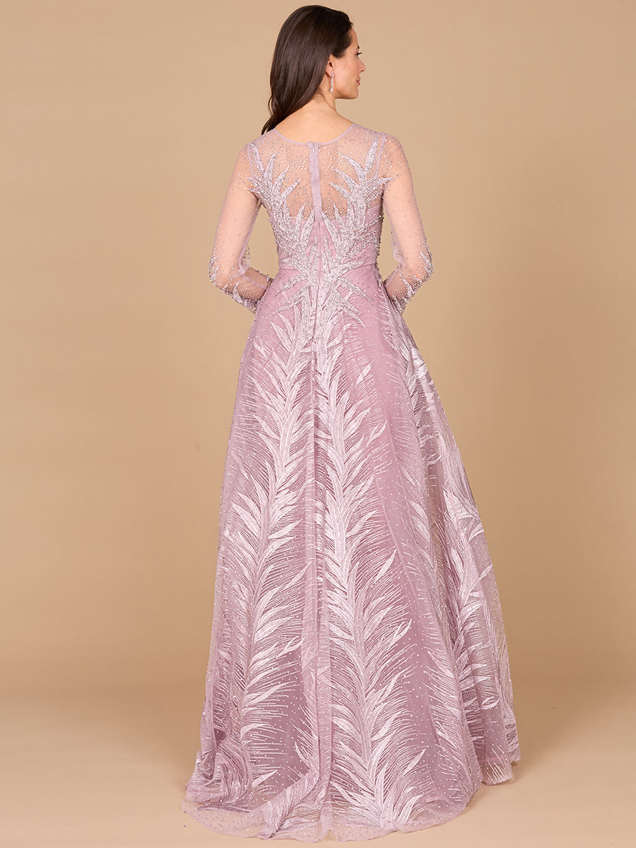 High Neck Sheer Long Sleeve Embellished Gown 29761