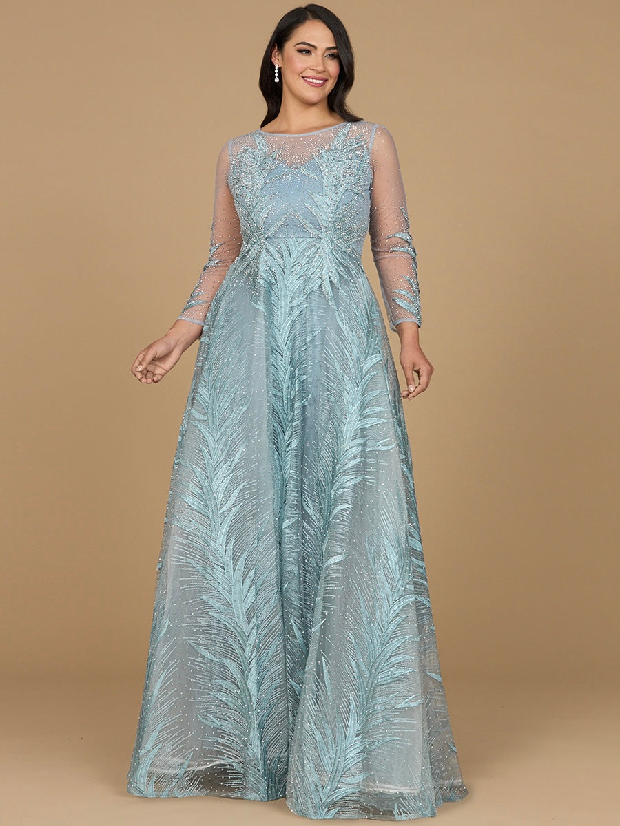 High Neck Sheer Long Sleeve Embellished Gown 29761