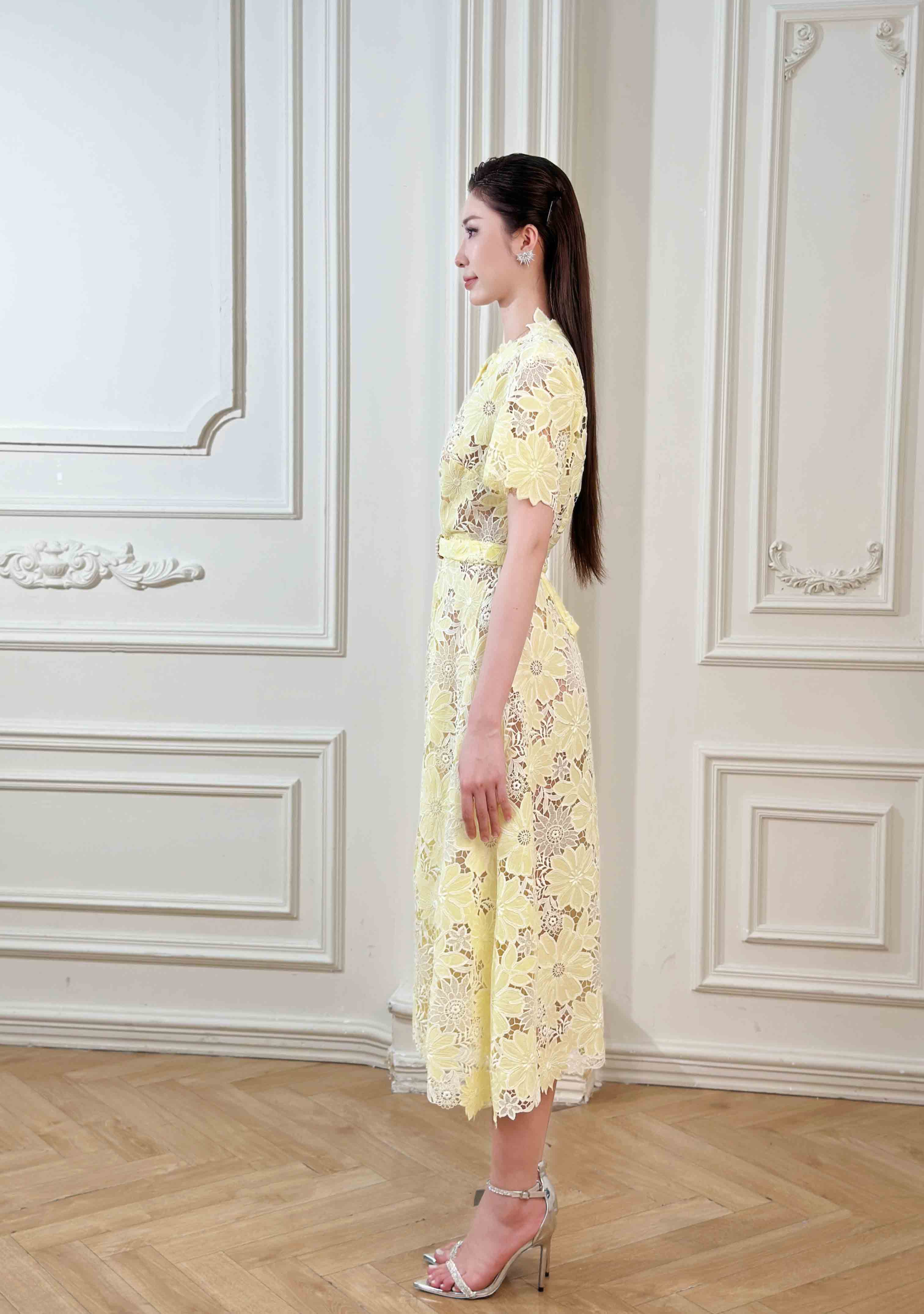 Belted Floral-Lace Shirt Midi Dress – Honey Yellow