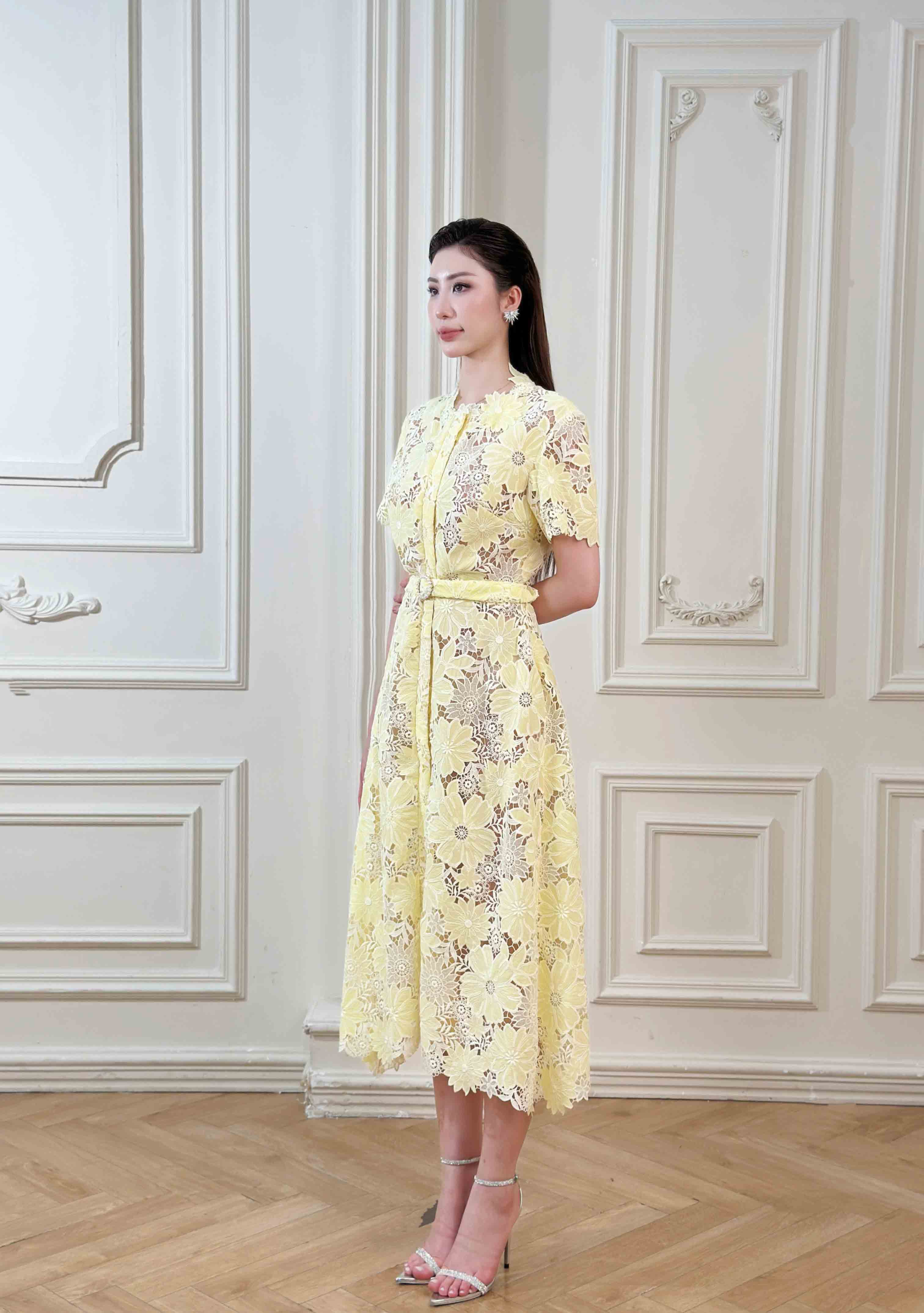Belted Floral-Lace Shirt Midi Dress – Honey Yellow
