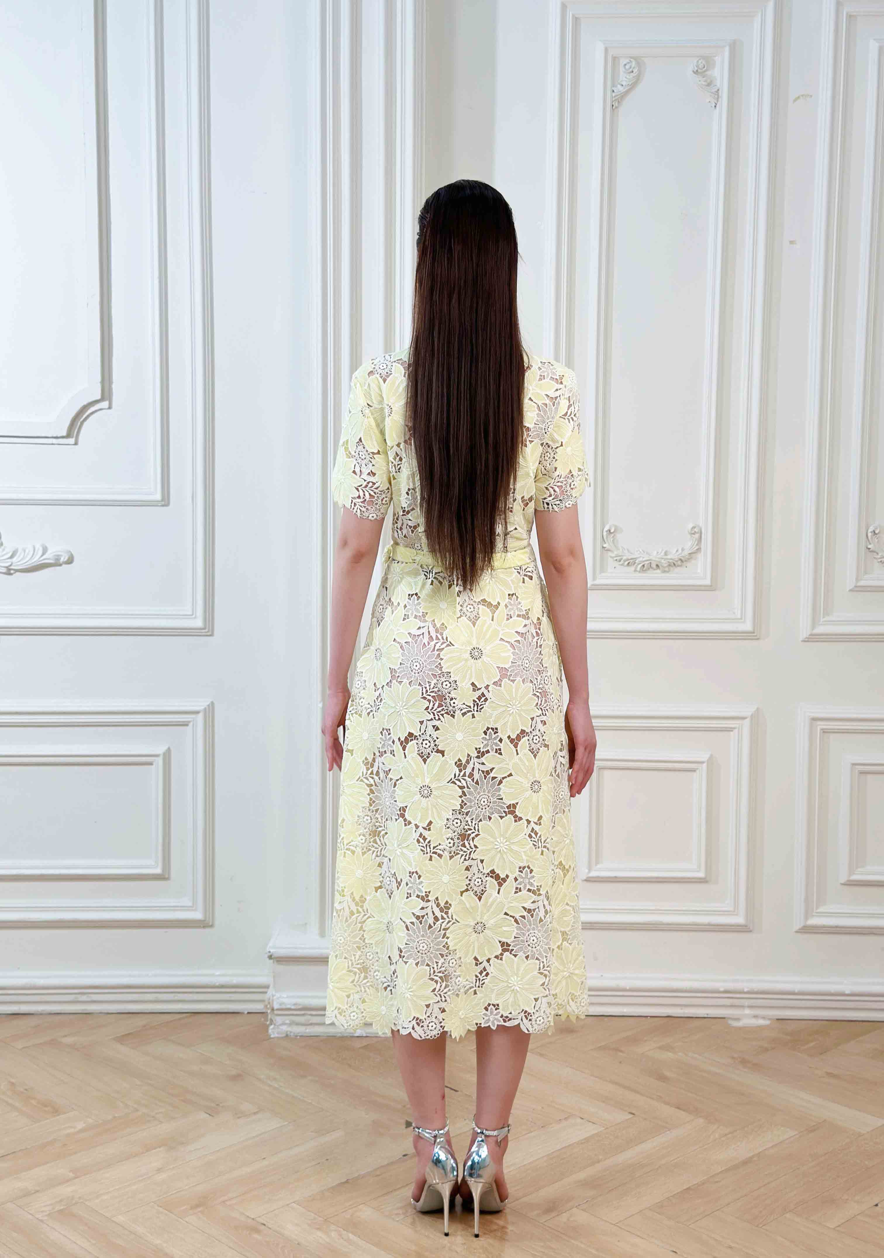 Belted Floral-Lace Shirt Midi Dress – Honey Yellow