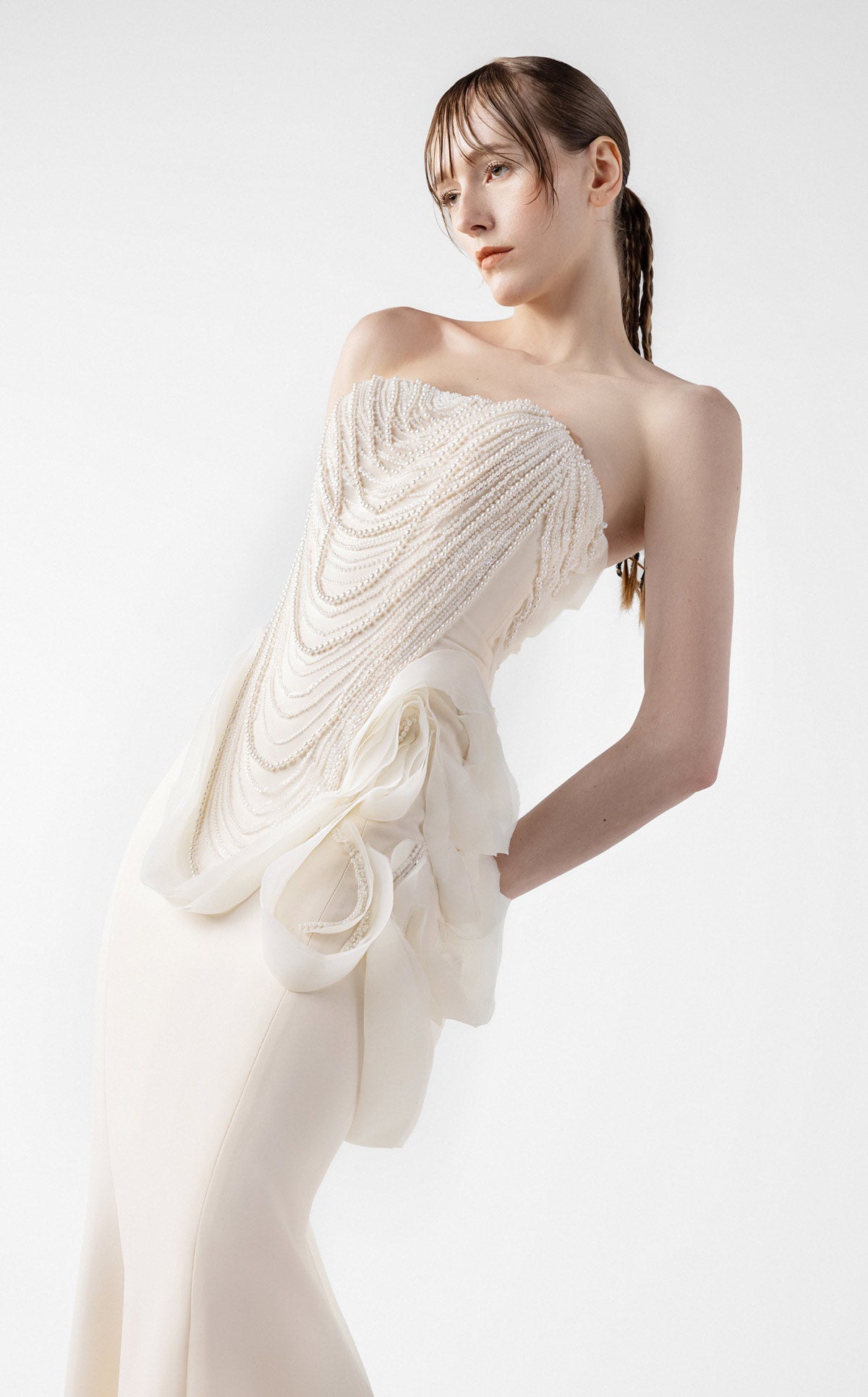Iridescent Pearl Mermaid Gown with Petal Accents G2015