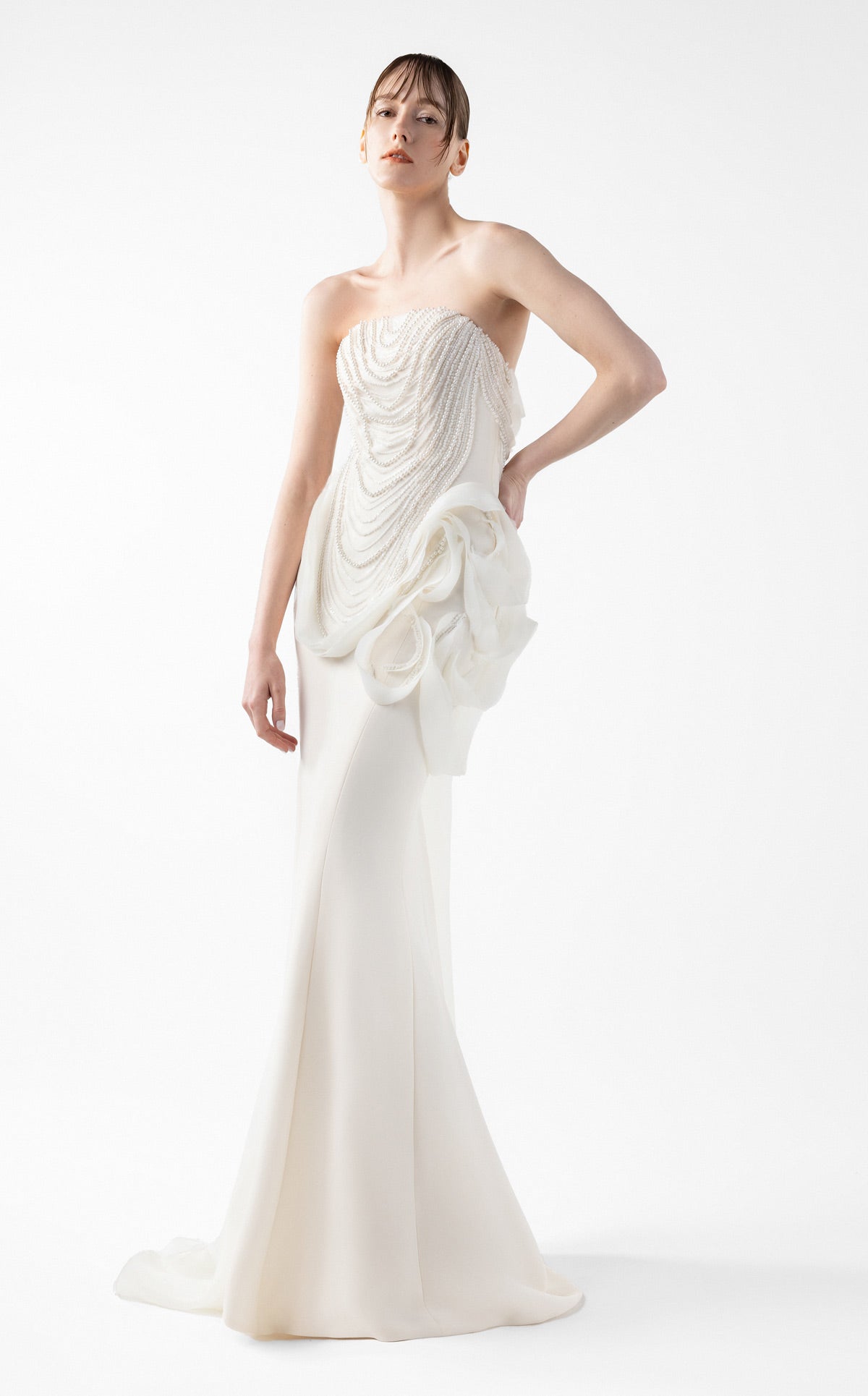 Iridescent Pearl Mermaid Gown with Petal Accents G2015