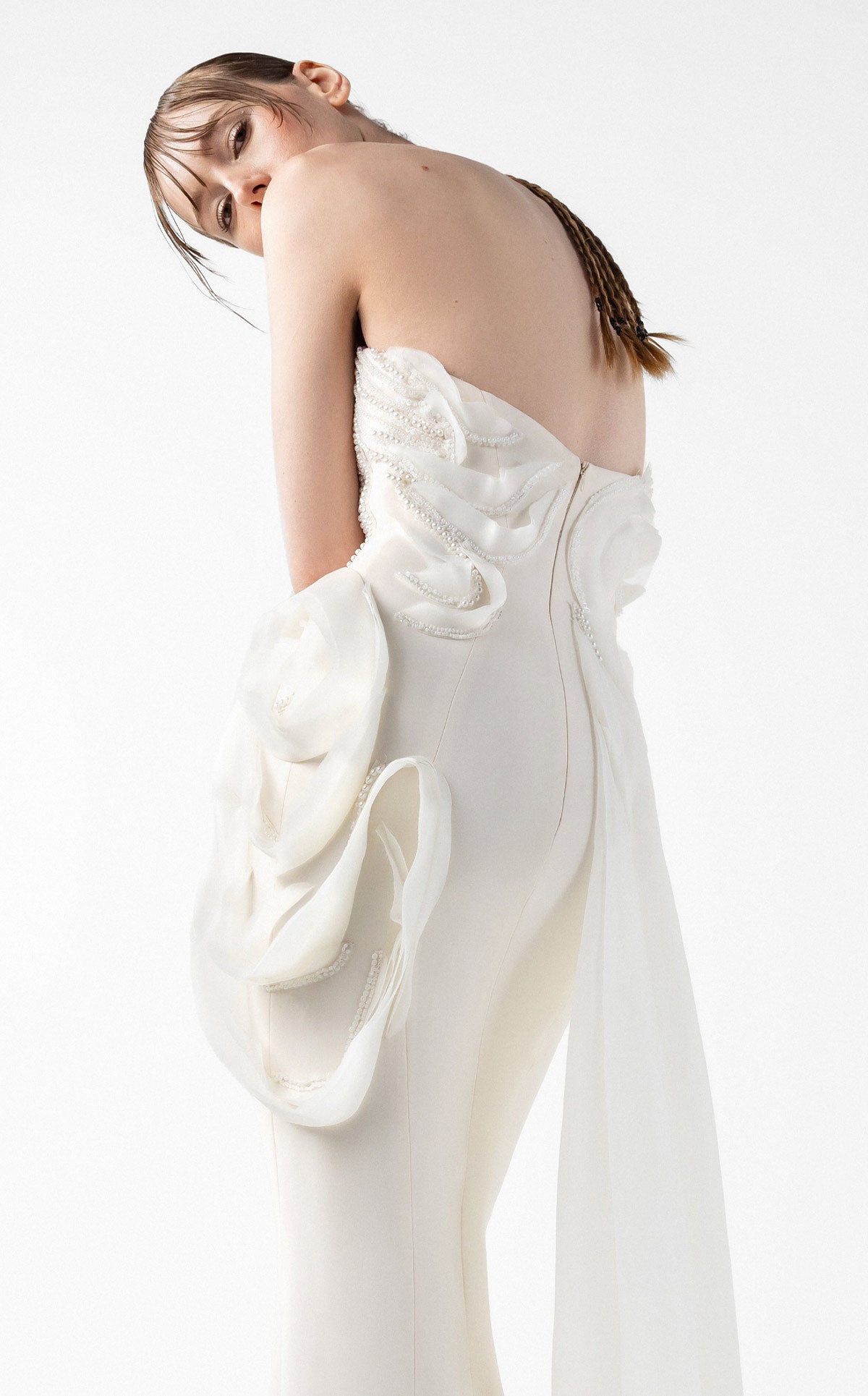 Iridescent Pearl Mermaid Gown with Petal Accents G2015