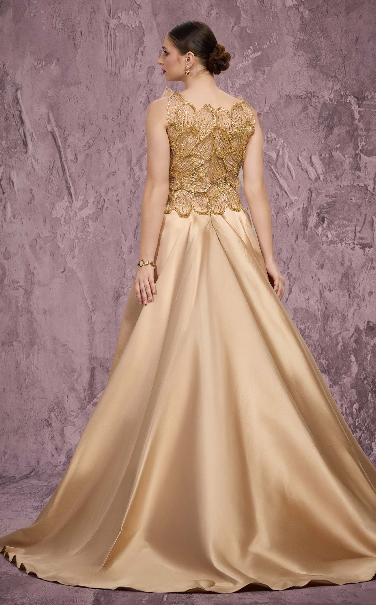 MNM Couture J03186: Beaded Column Gown with Peplum Train