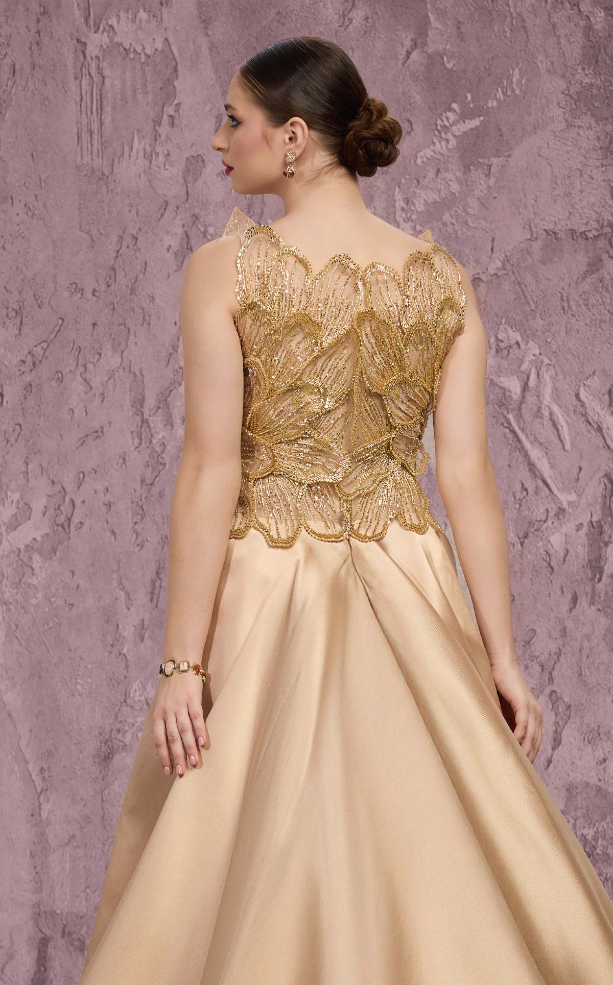 MNM Couture J03186: Beaded Column Gown with Peplum Train