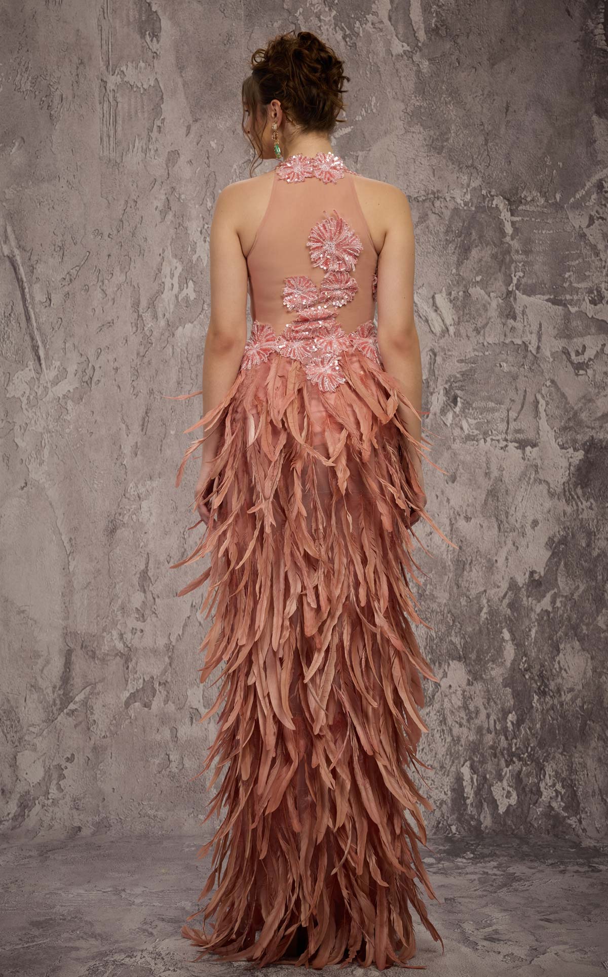 MNM Couture J03381: Feathered Skirt Column Gown