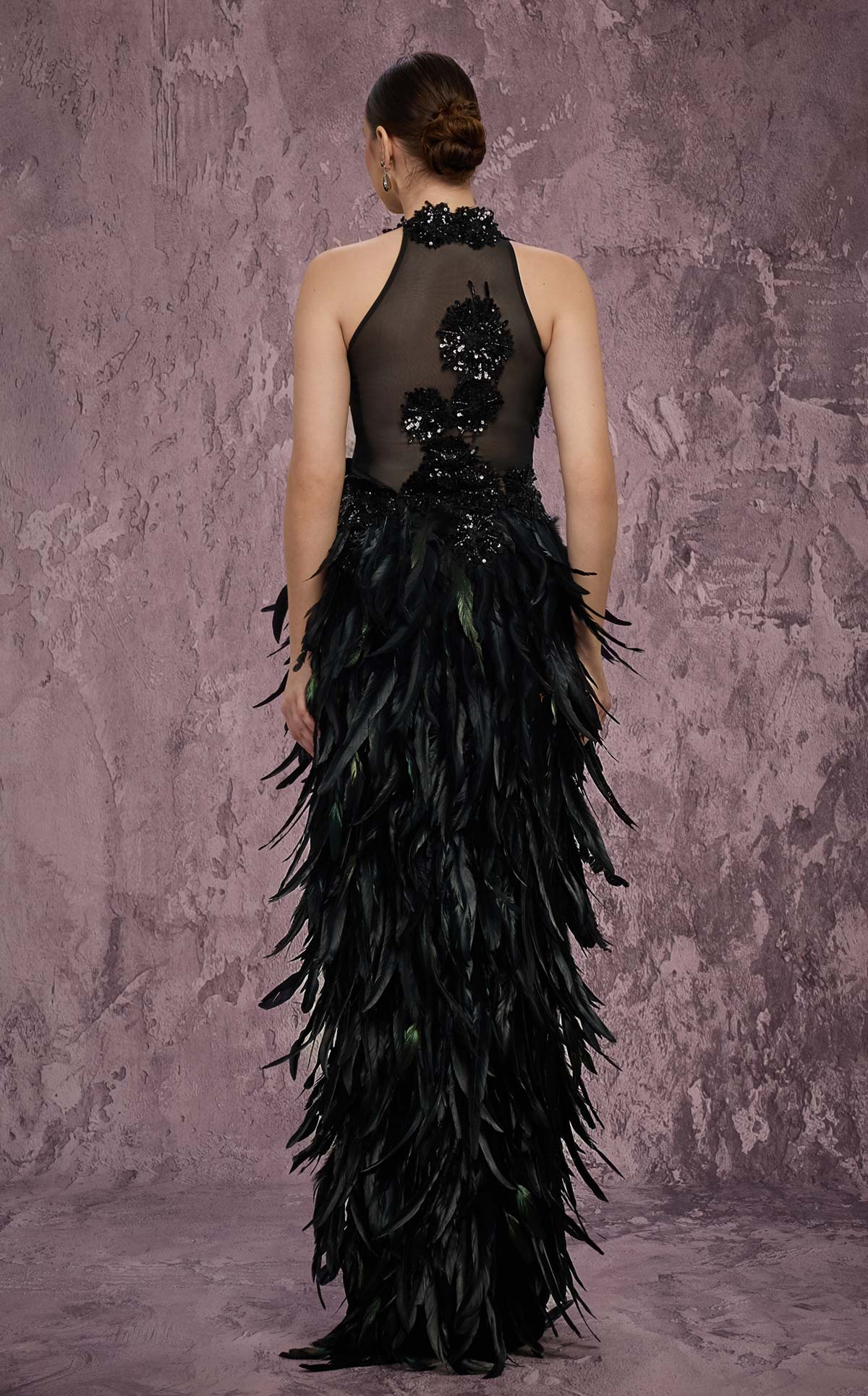 MNM Couture J03381: Feathered Skirt Column Gown