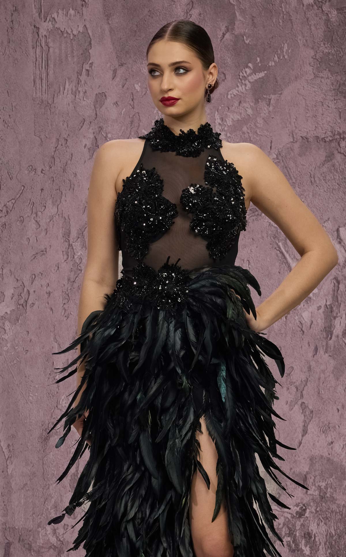 MNM Couture J03381: Feathered Skirt Column Gown