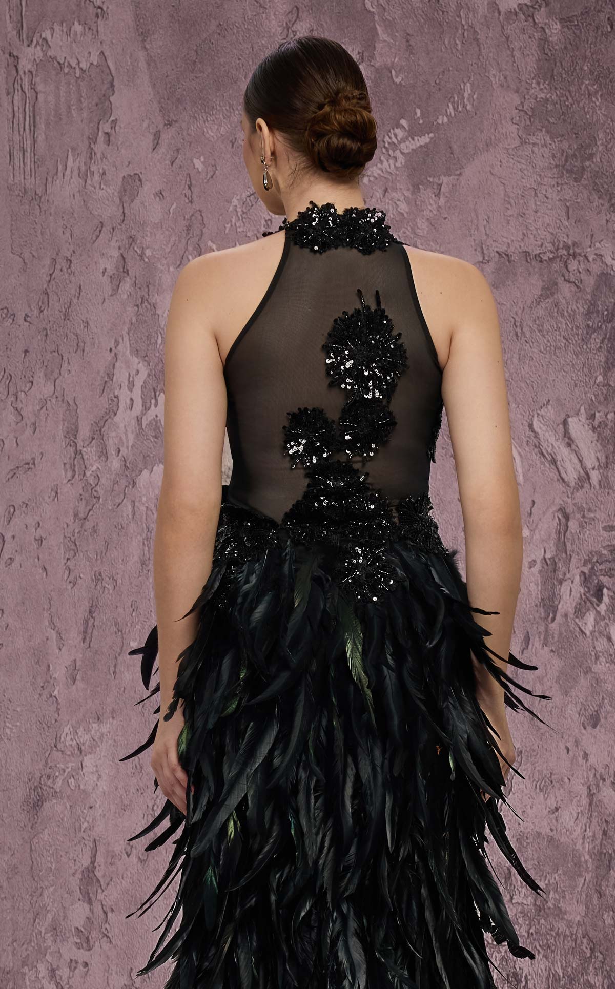 MNM Couture J03381: Feathered Skirt Column Gown