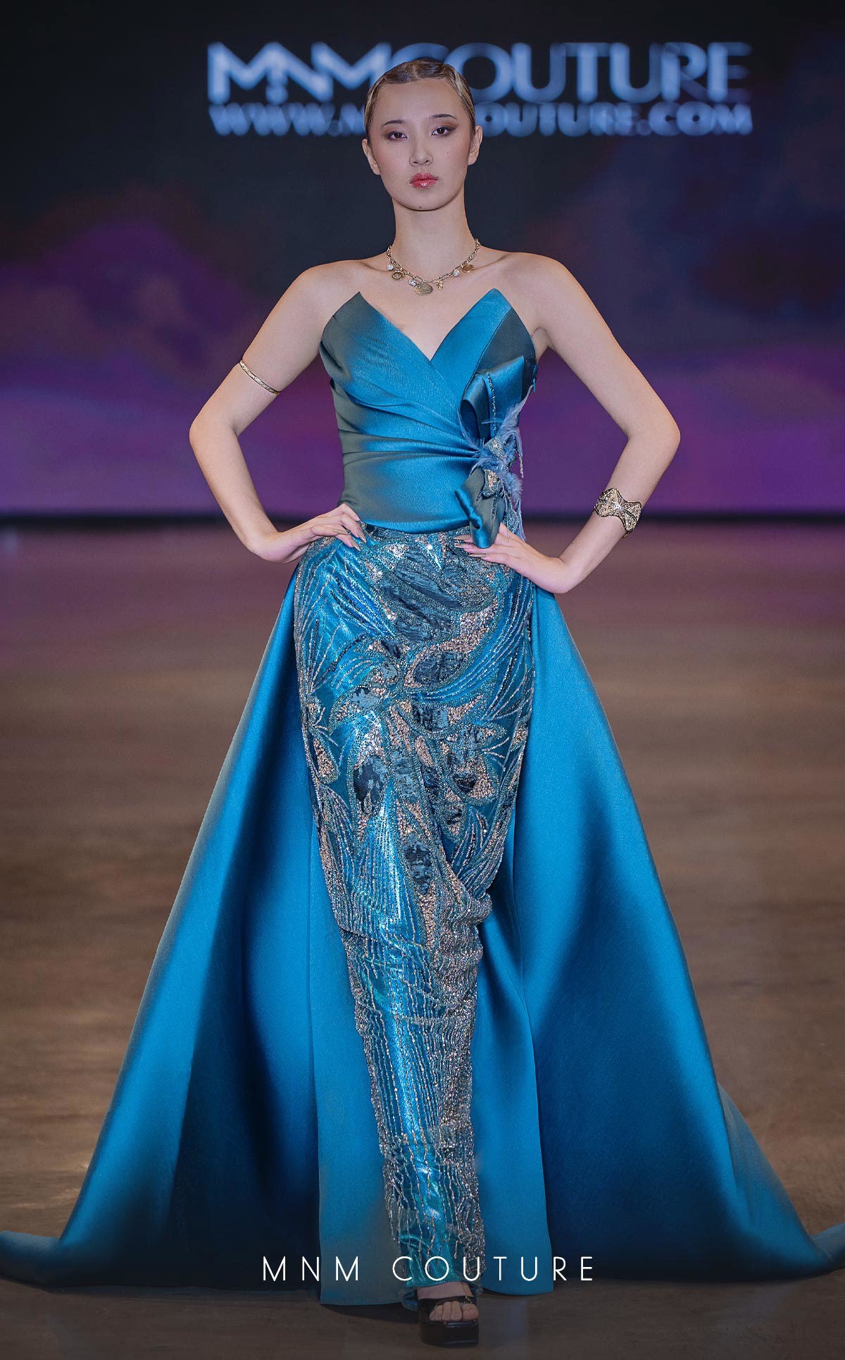 MNM Couture J03497: Satin & Beaded Column Gown with Train