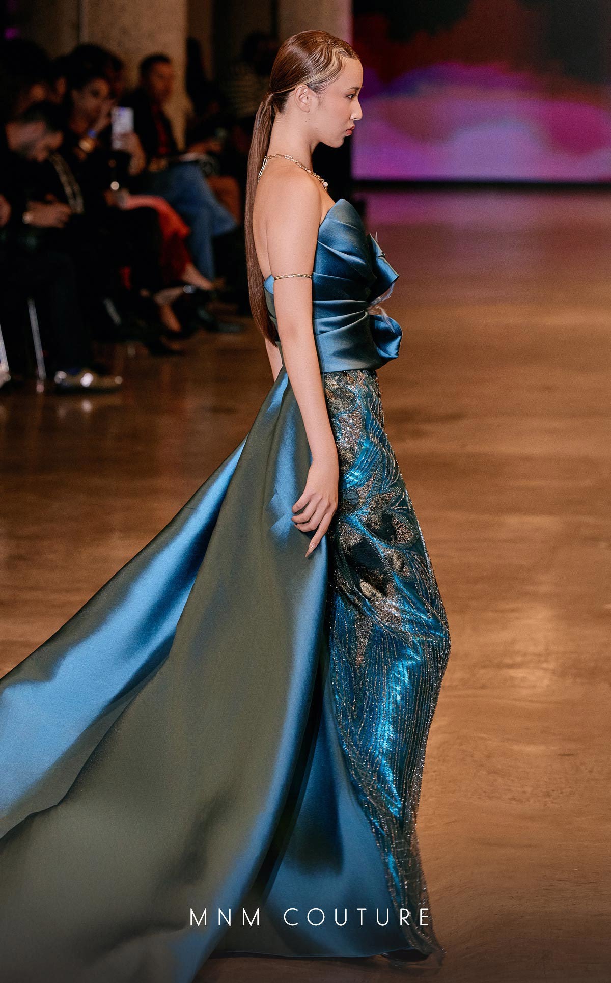 MNM Couture J03497: Satin & Beaded Column Gown with Train