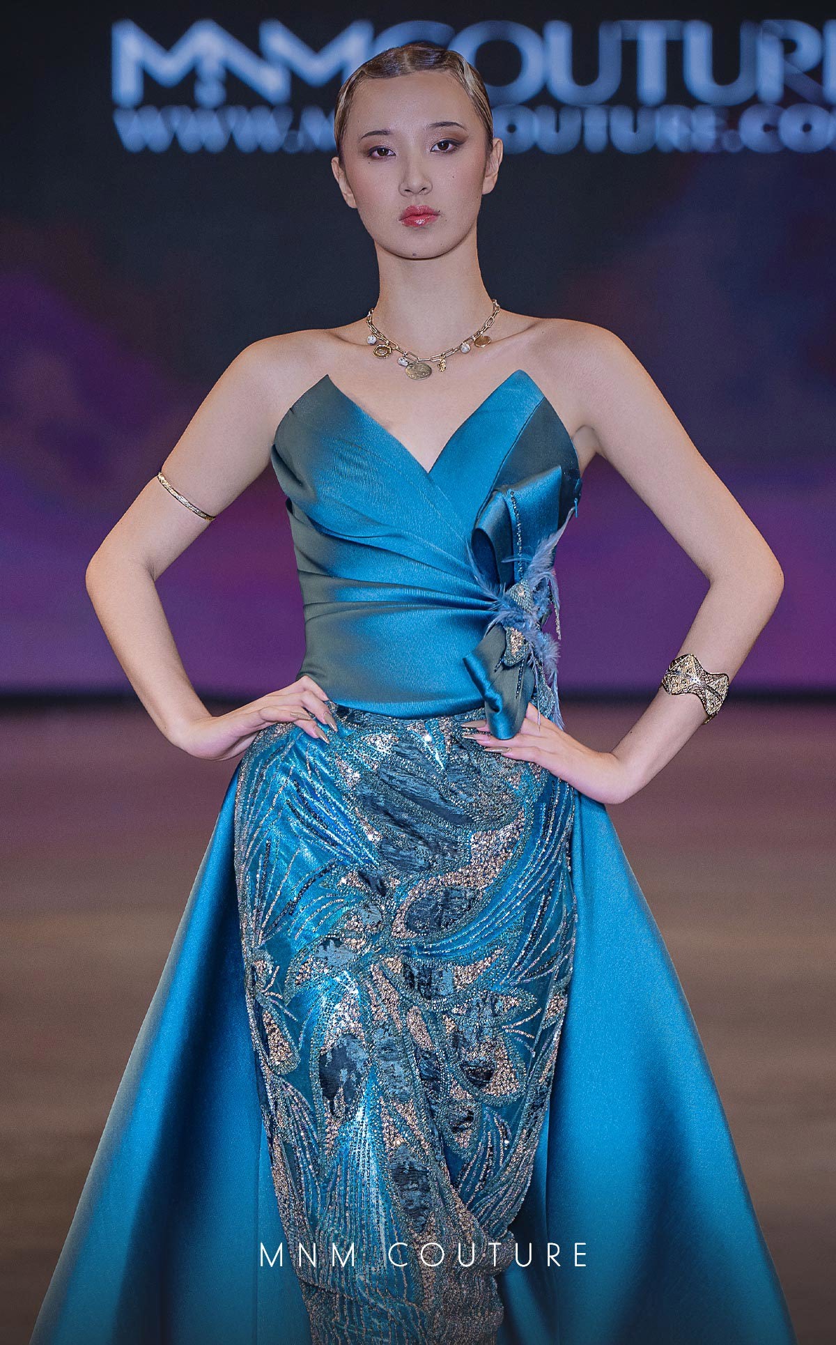 MNM Couture J03497: Satin & Beaded Column Gown with Train