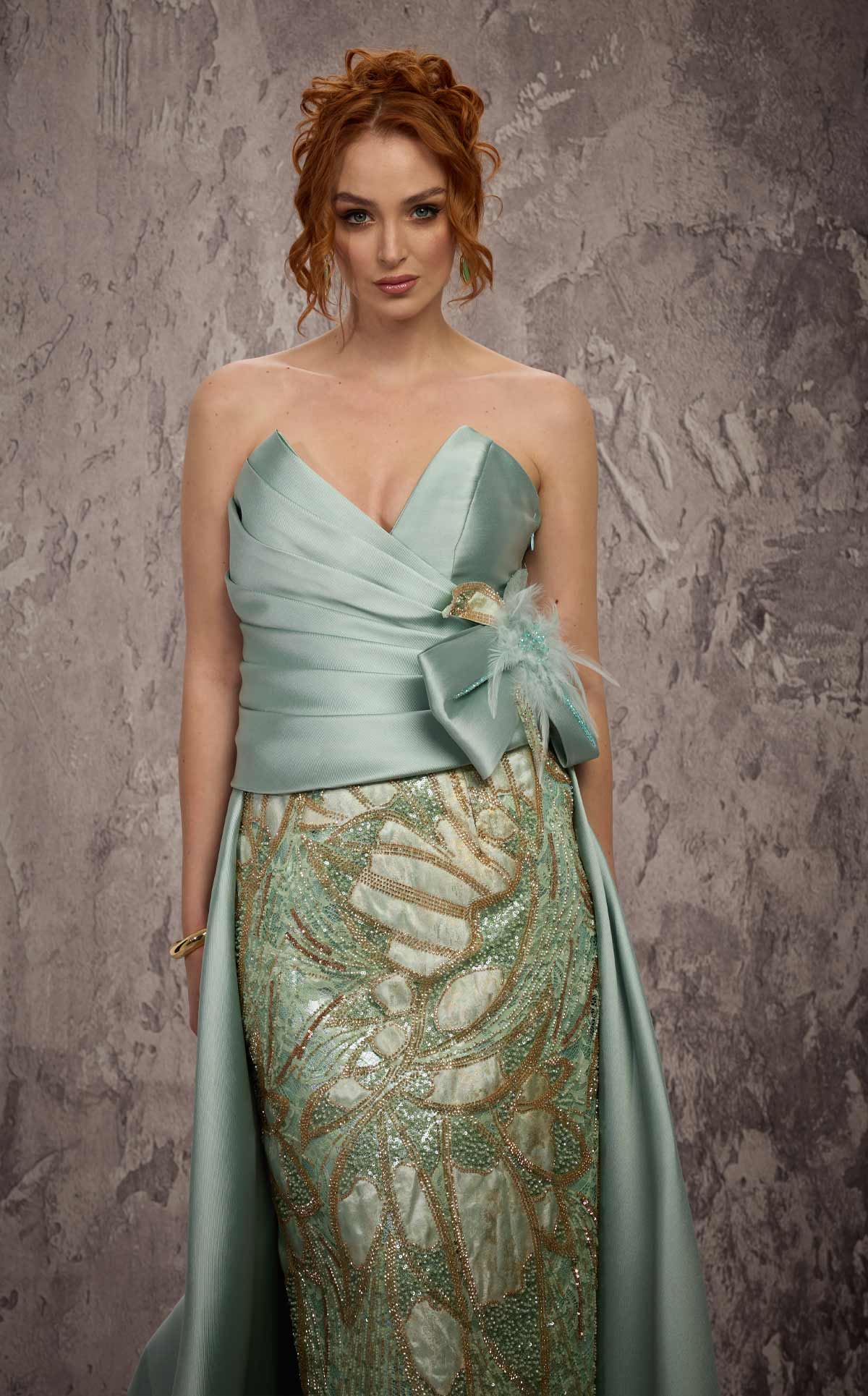 MNM Couture J03497: Satin & Beaded Column Gown with Train