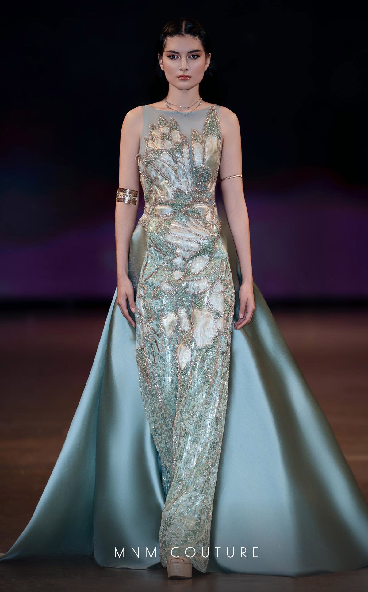 MNM Couture J03503: Beaded Column Gown with Overskirt