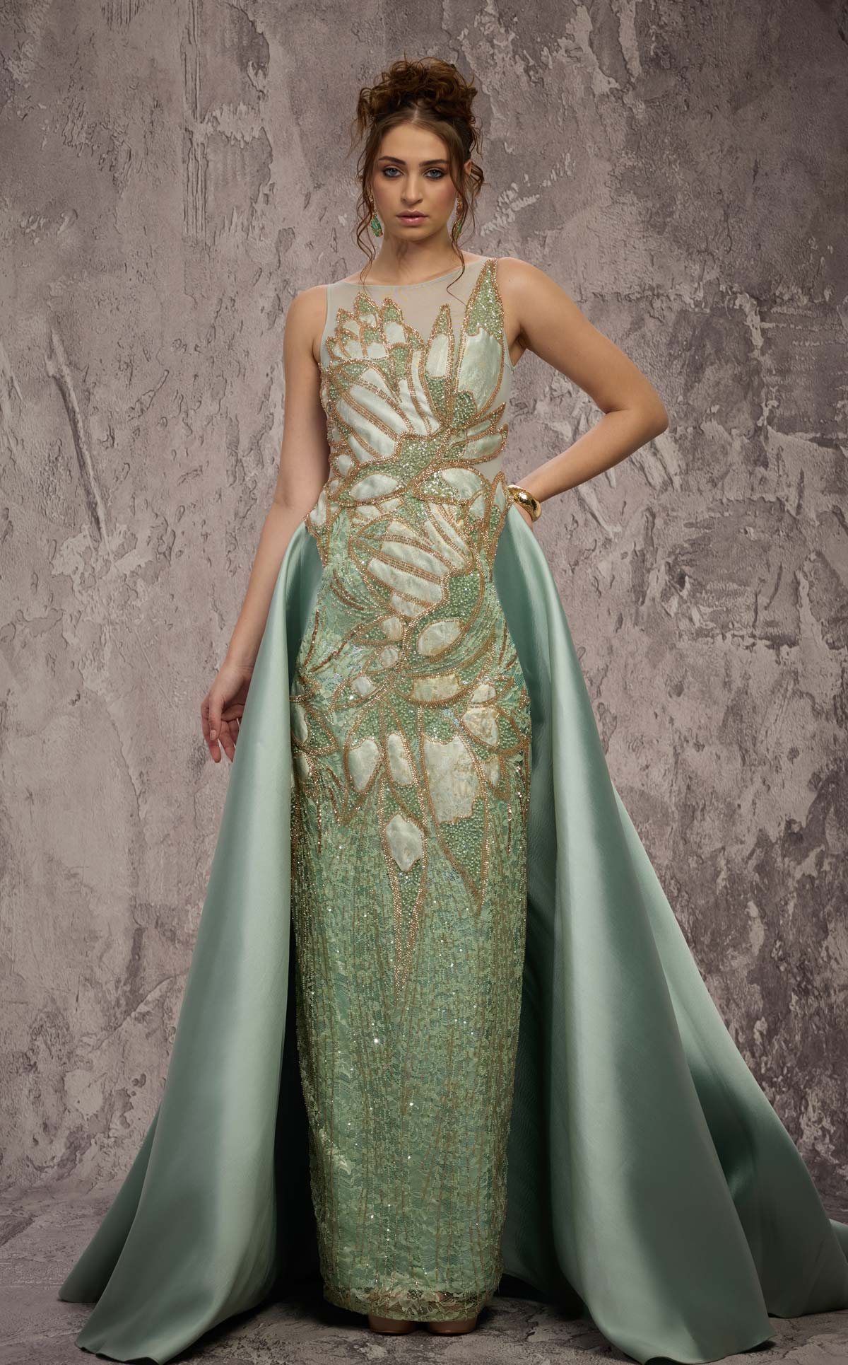 MNM Couture J03503: Beaded Column Gown with Overskirt