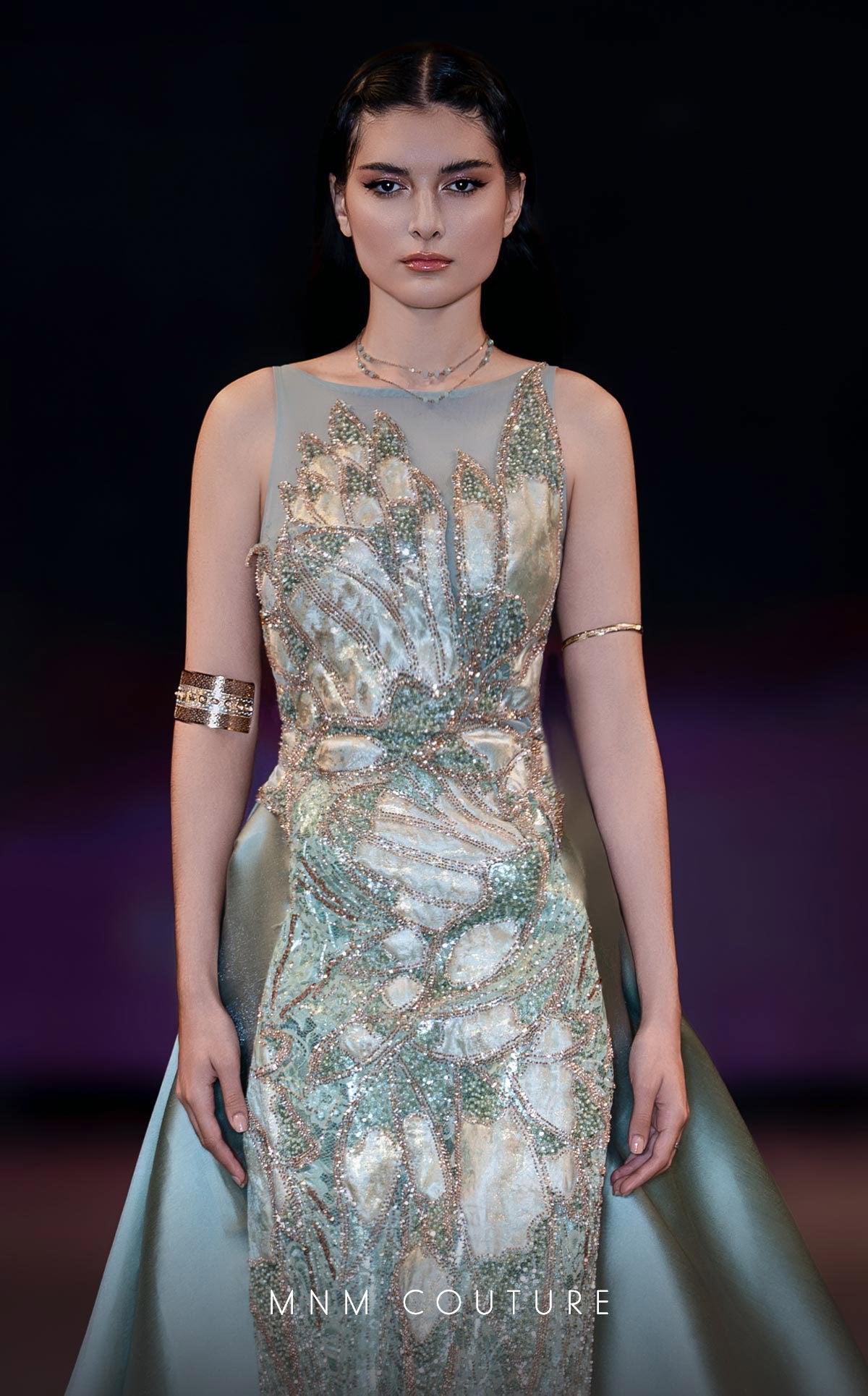 MNM Couture J03503: Beaded Column Gown with Overskirt