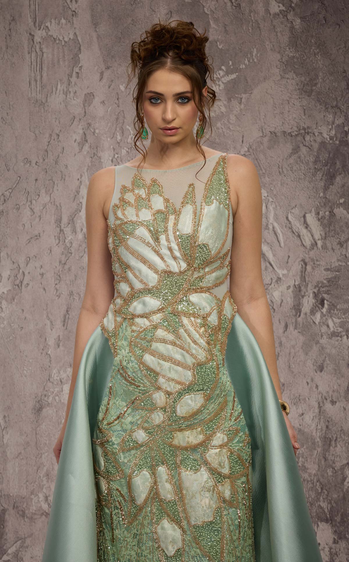 MNM Couture J03503: Beaded Column Gown with Overskirt