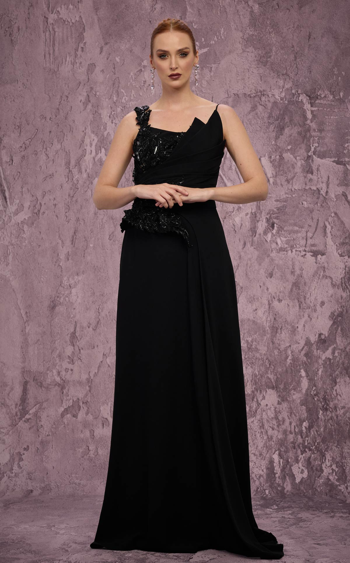 MNM Couture J03563: Asymmetrical Beaded Crepe Gown