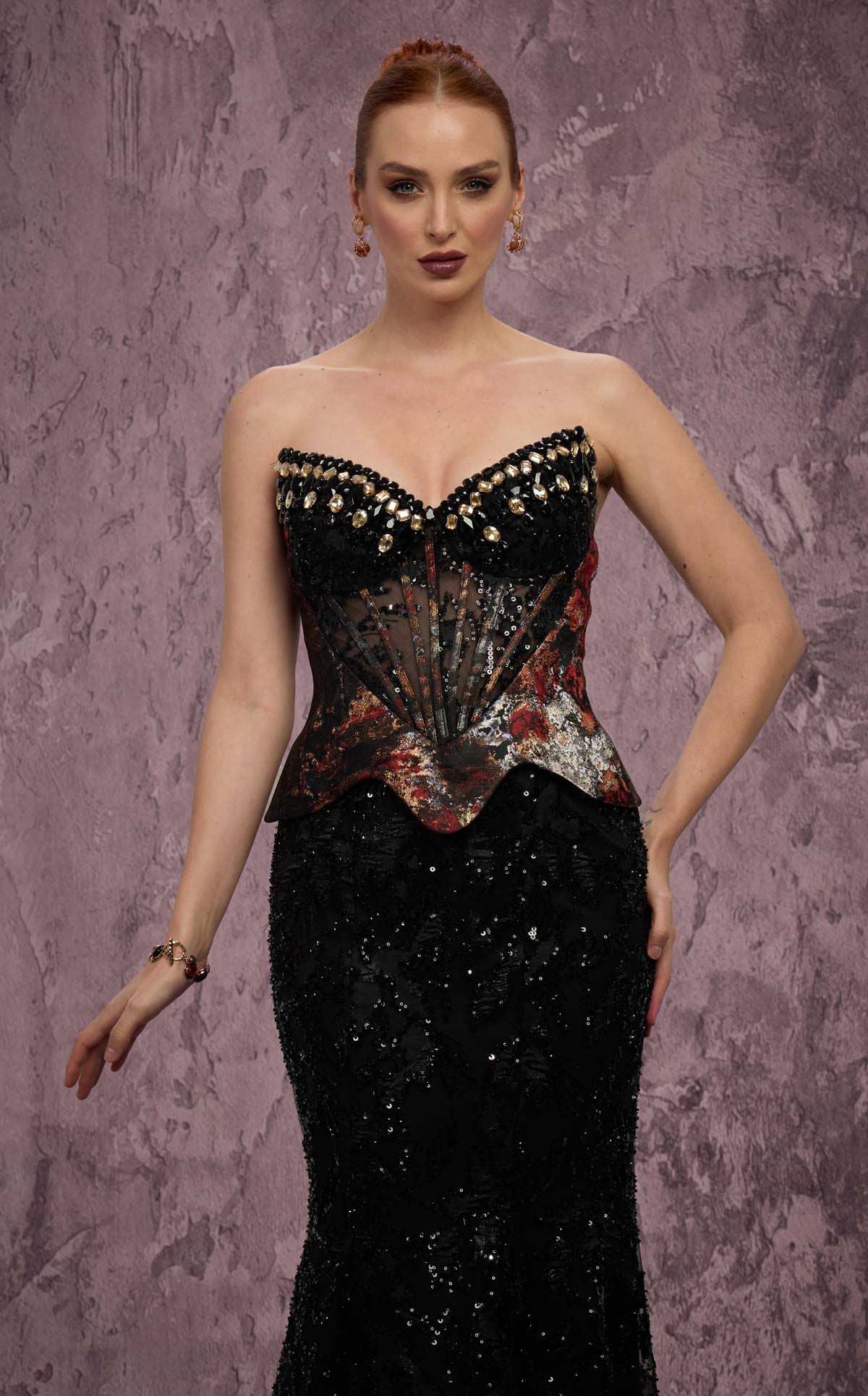 MNM Couture J03569: Beaded Mermaid Gown with Peplum