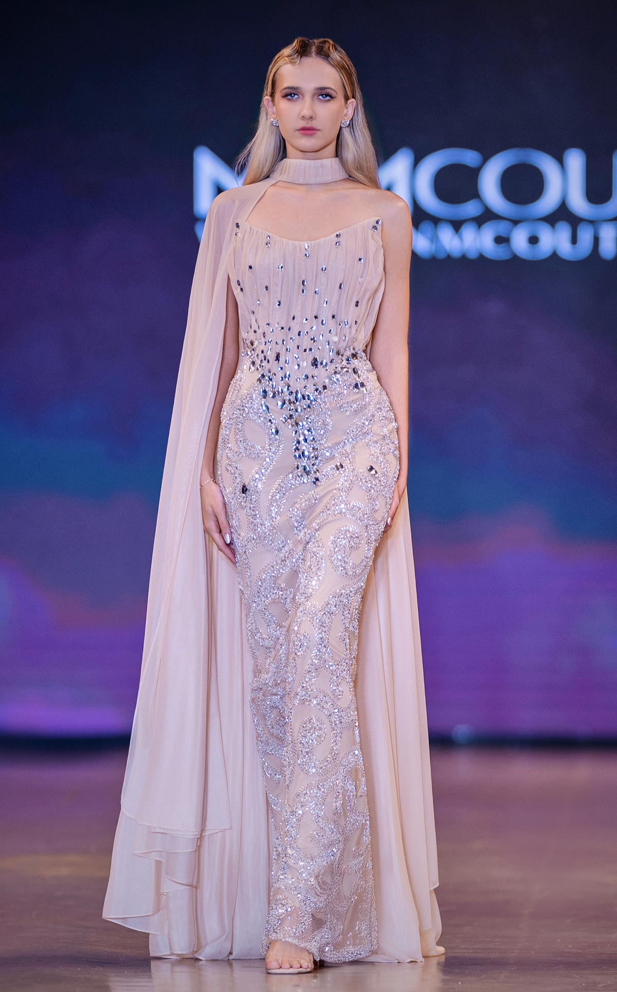 MNM Couture J03590: Embellished Chiffon Cape Gown