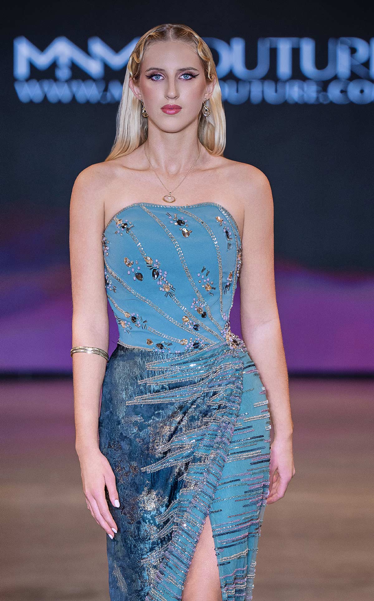 MNM Couture J03597: Crystal Bodice Slit Gown