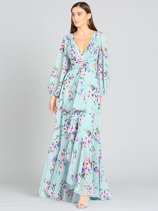 Long Sleeve V-Neck, Layered Skirt Print Dress- OUTLET 29245