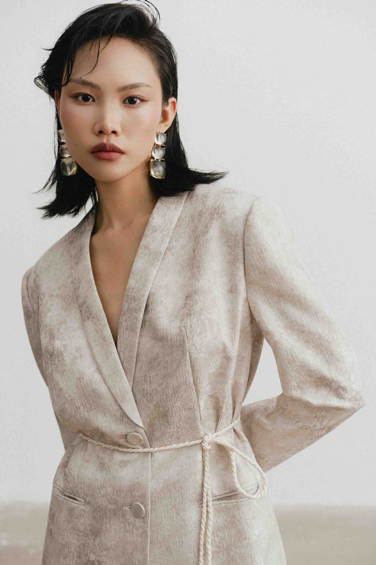 Jacquard V-Neck Blazer Skirt Set Design