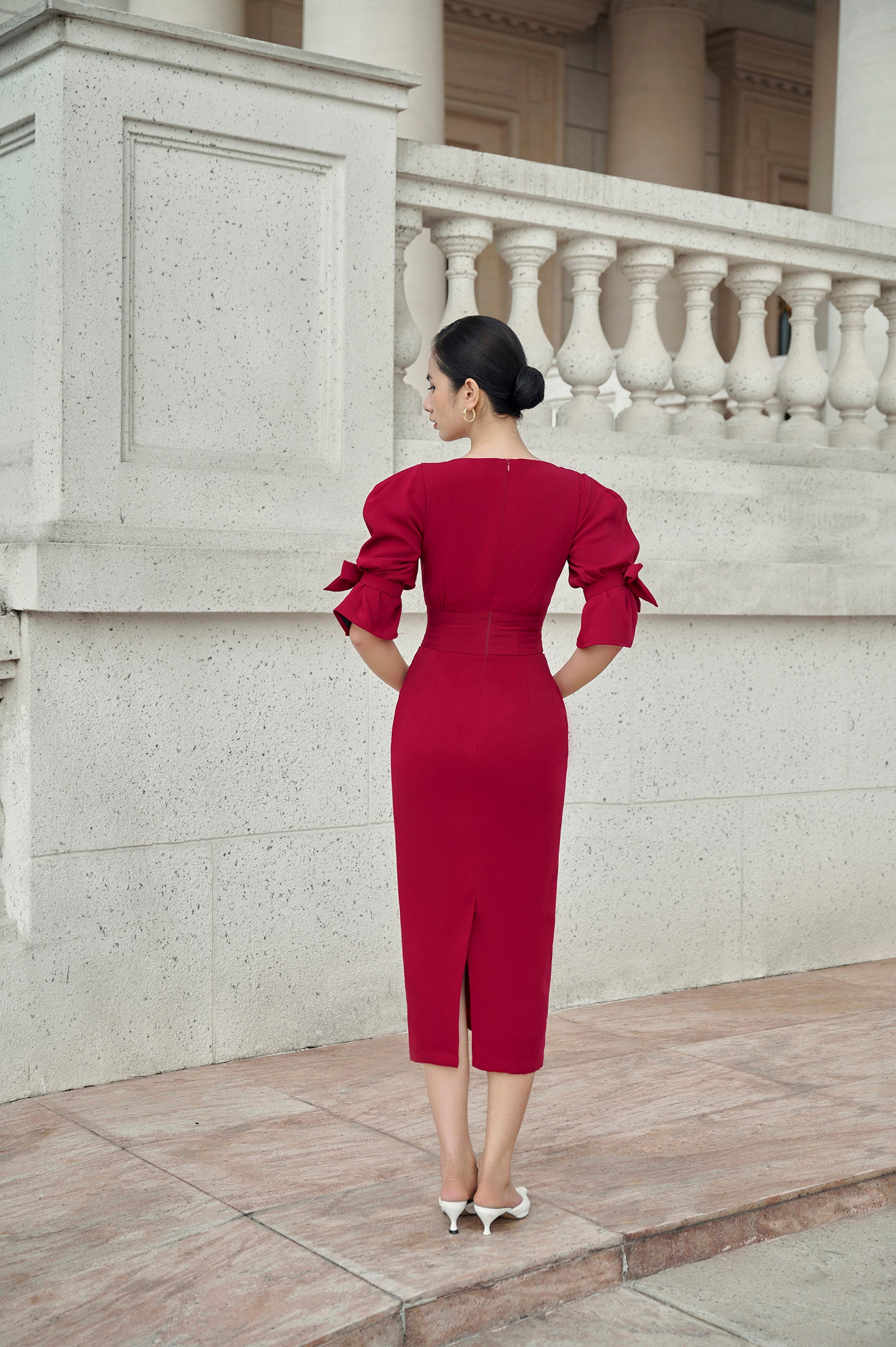 Jewel Red Velvvet Bell Sleeves Bow Tie Dress