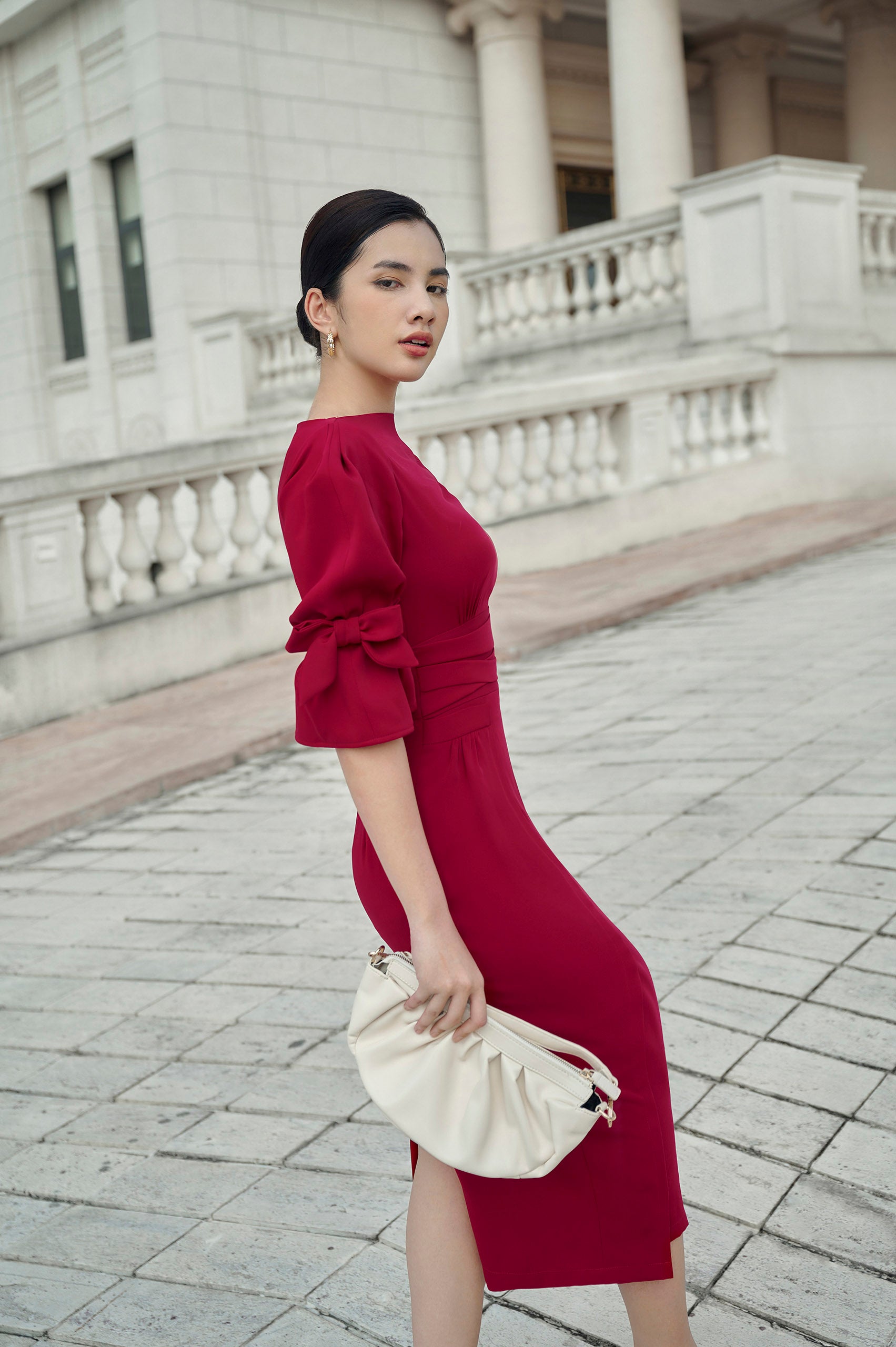 Jewel Red Velvvet Bell Sleeves Bow Tie Dress