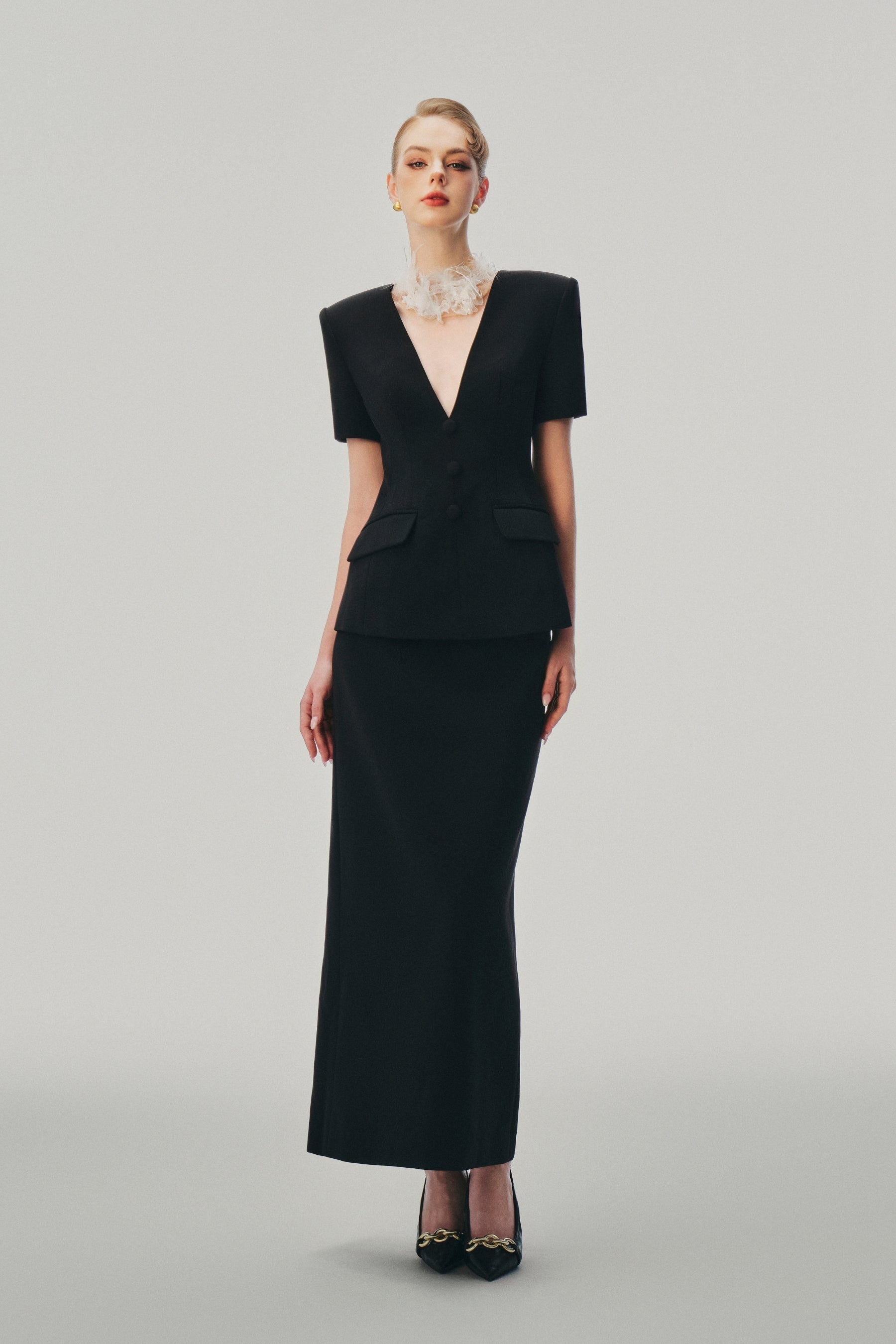 Katherine V-Neck Midi Skirt Set