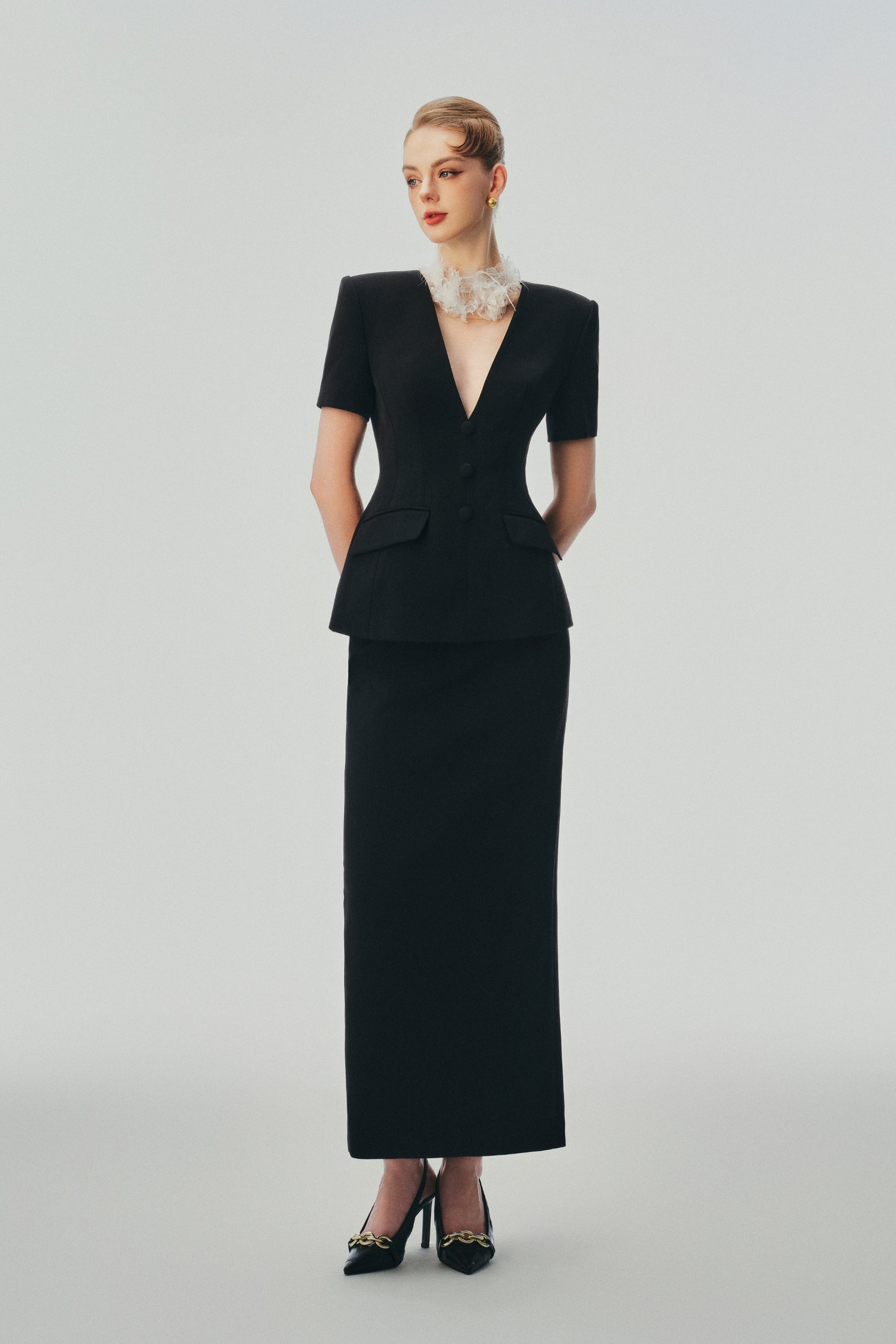 Katherine V-Neck Midi Skirt Set