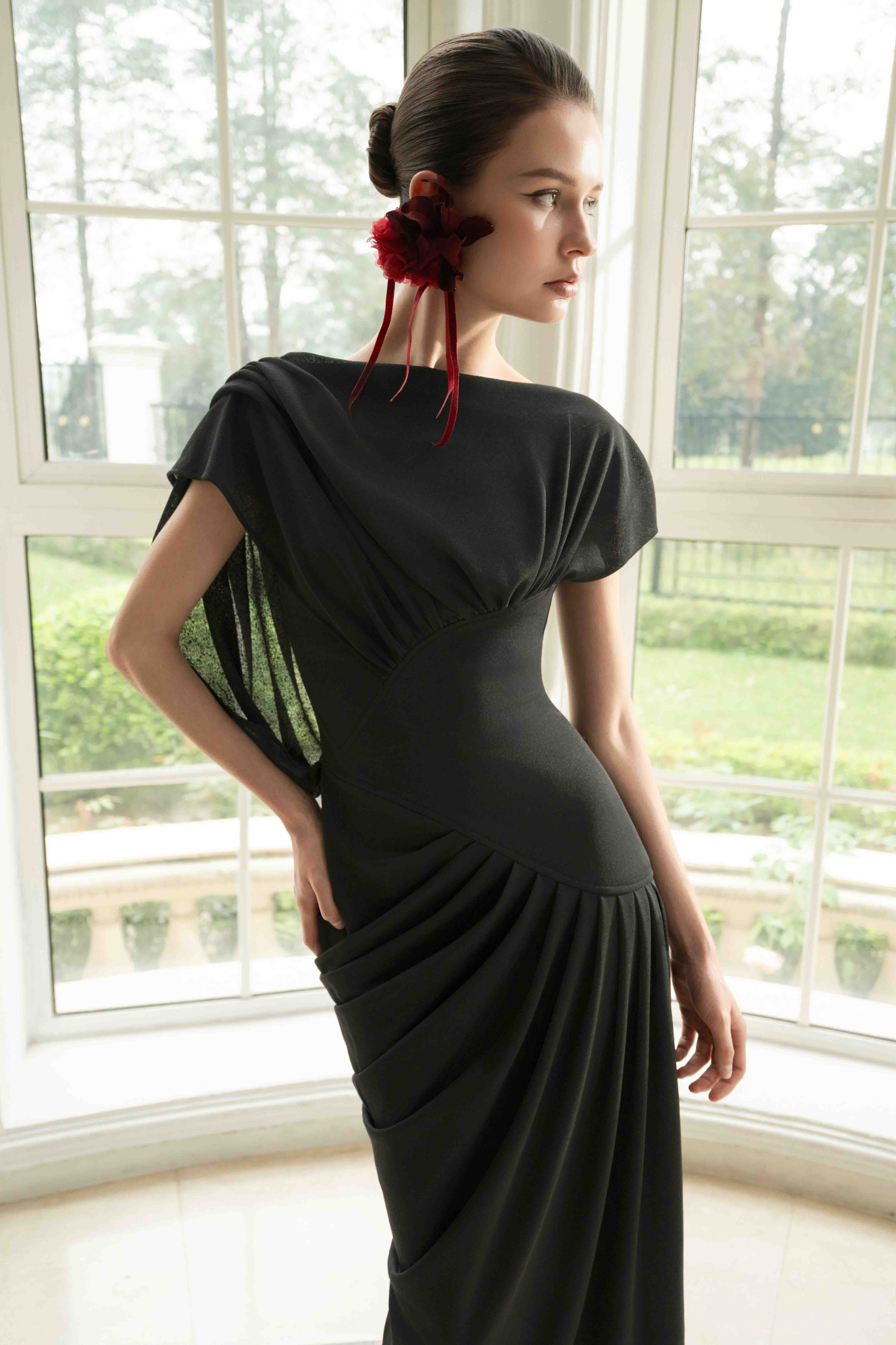 Asymmetric Draped Corset Dress in Black