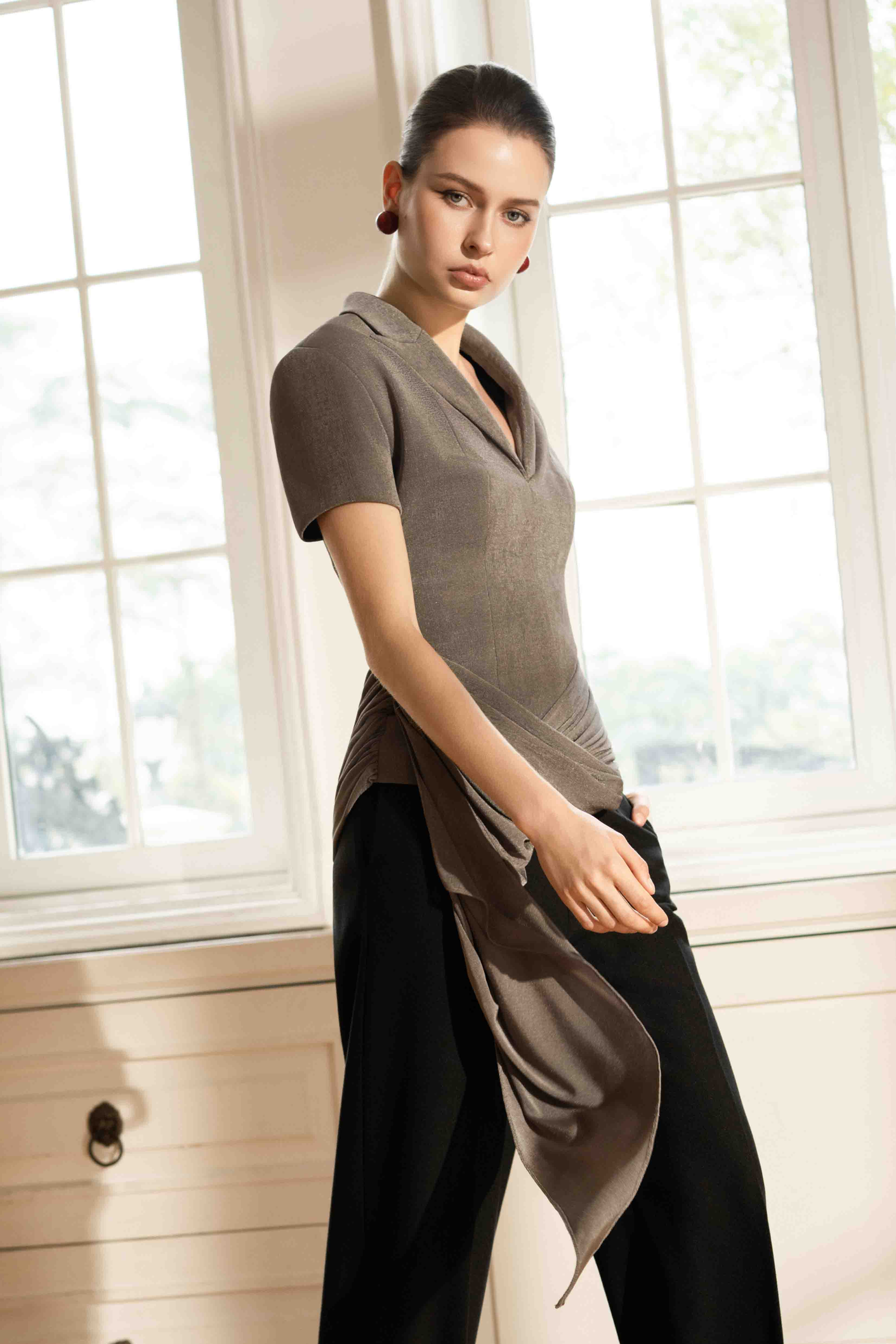 Asymmetric Draped V-Neck Blazer in Ash