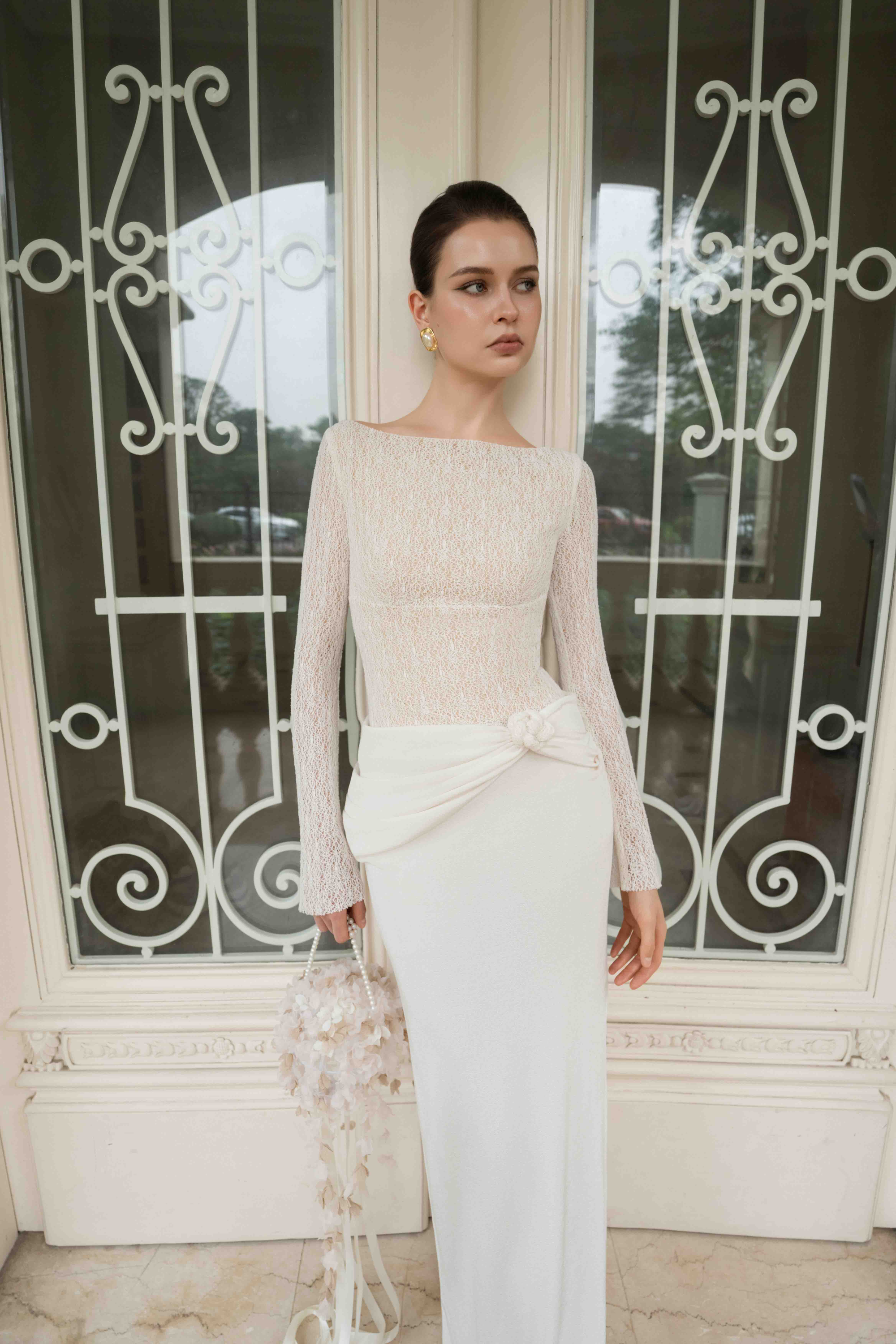 Draped Lace Pencil Dress