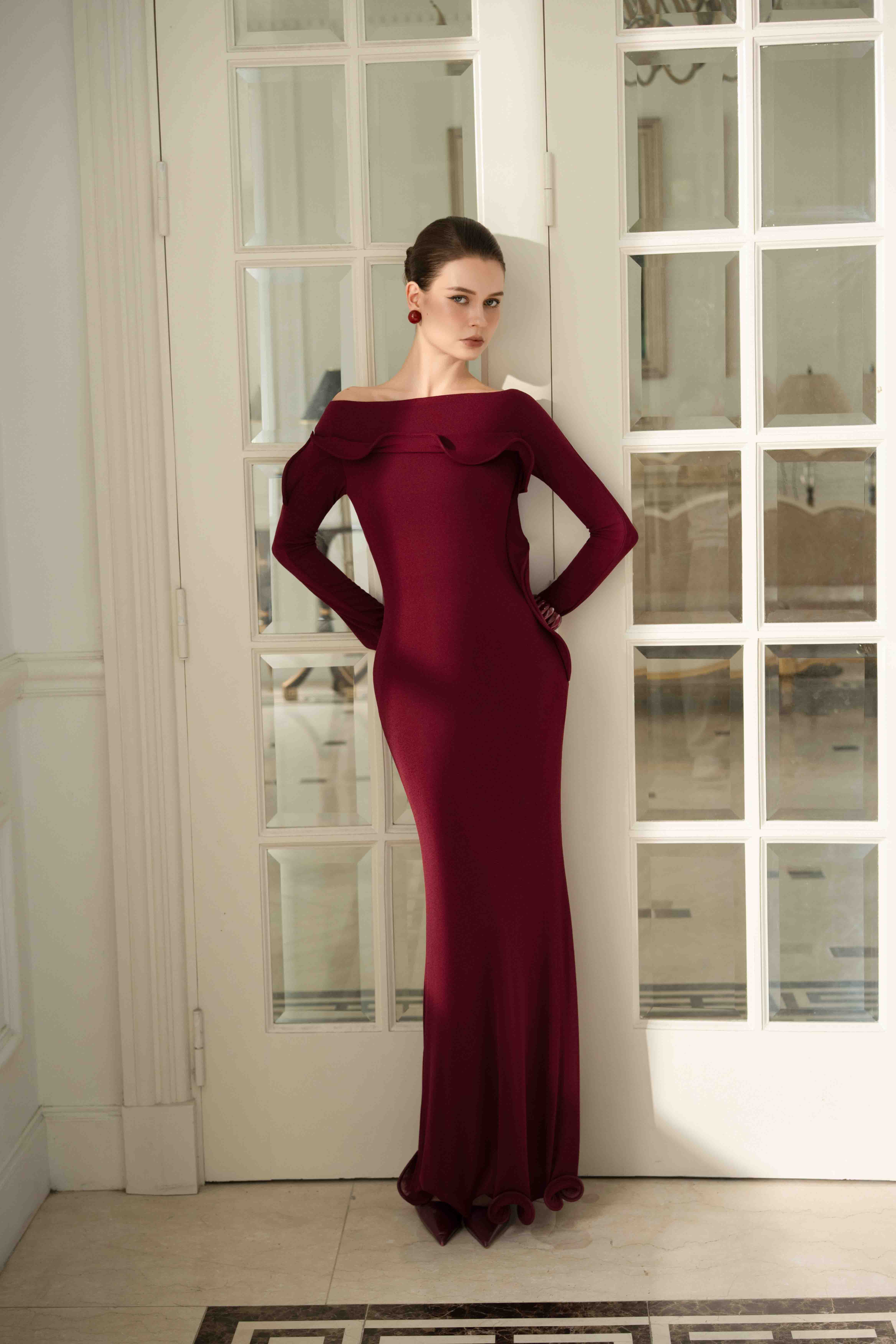 Cascade Ruffle Midi Dress in Red