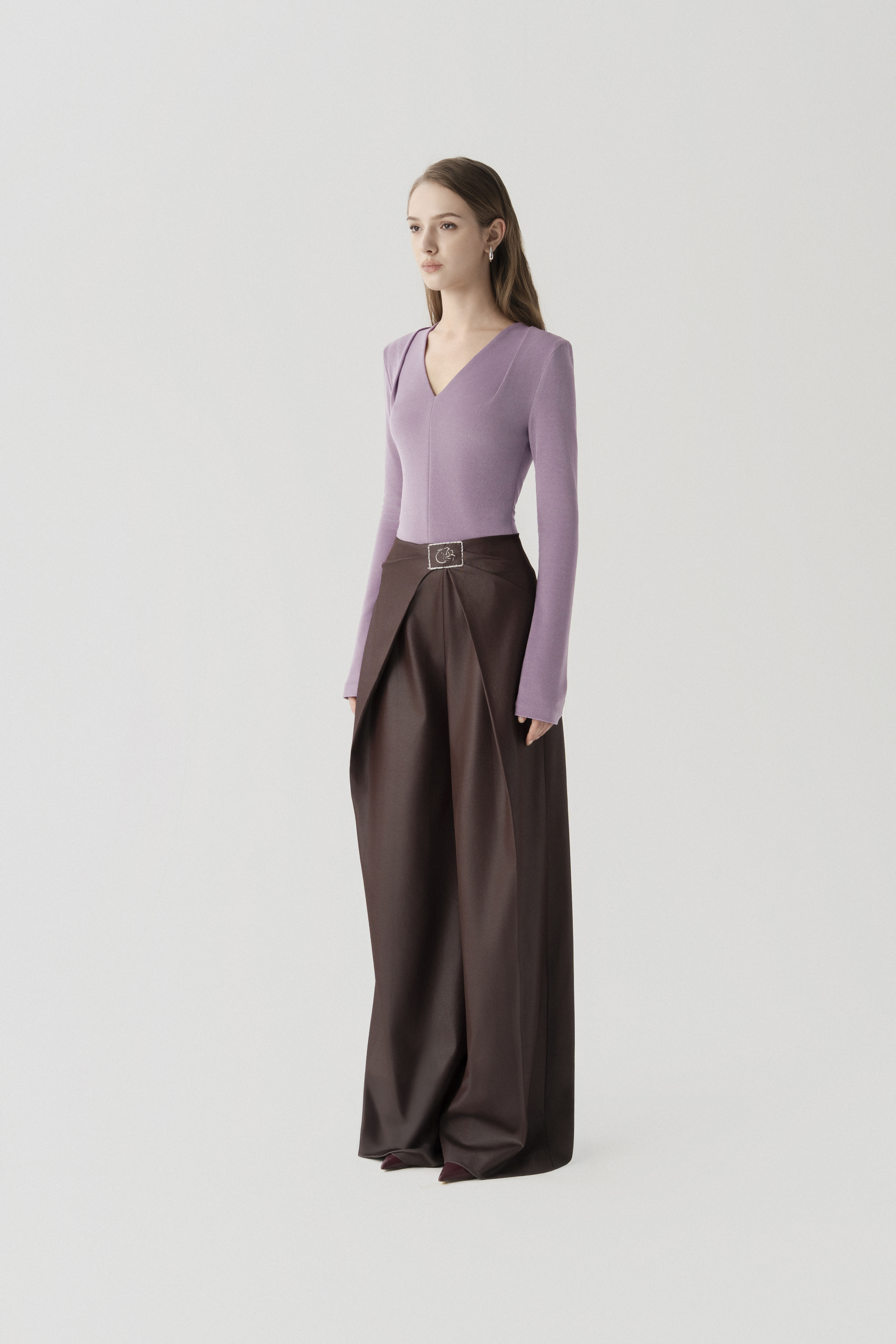 Double Knit Crepe Top in Lavender & Bordeaux Flow Trousers