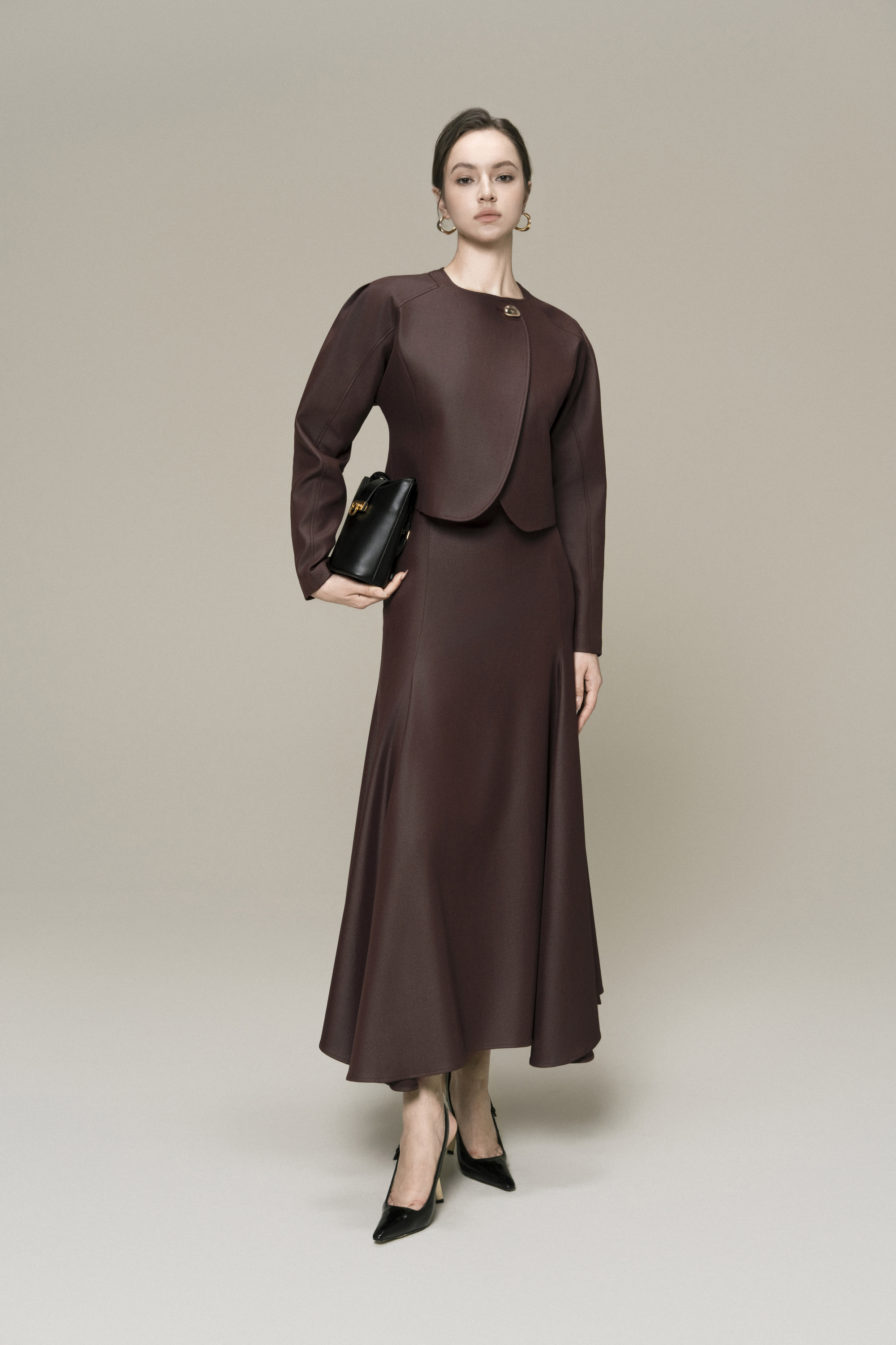 Solstice Cropped Jacket & Halo Fishtail Skirt in Chicory Coffee