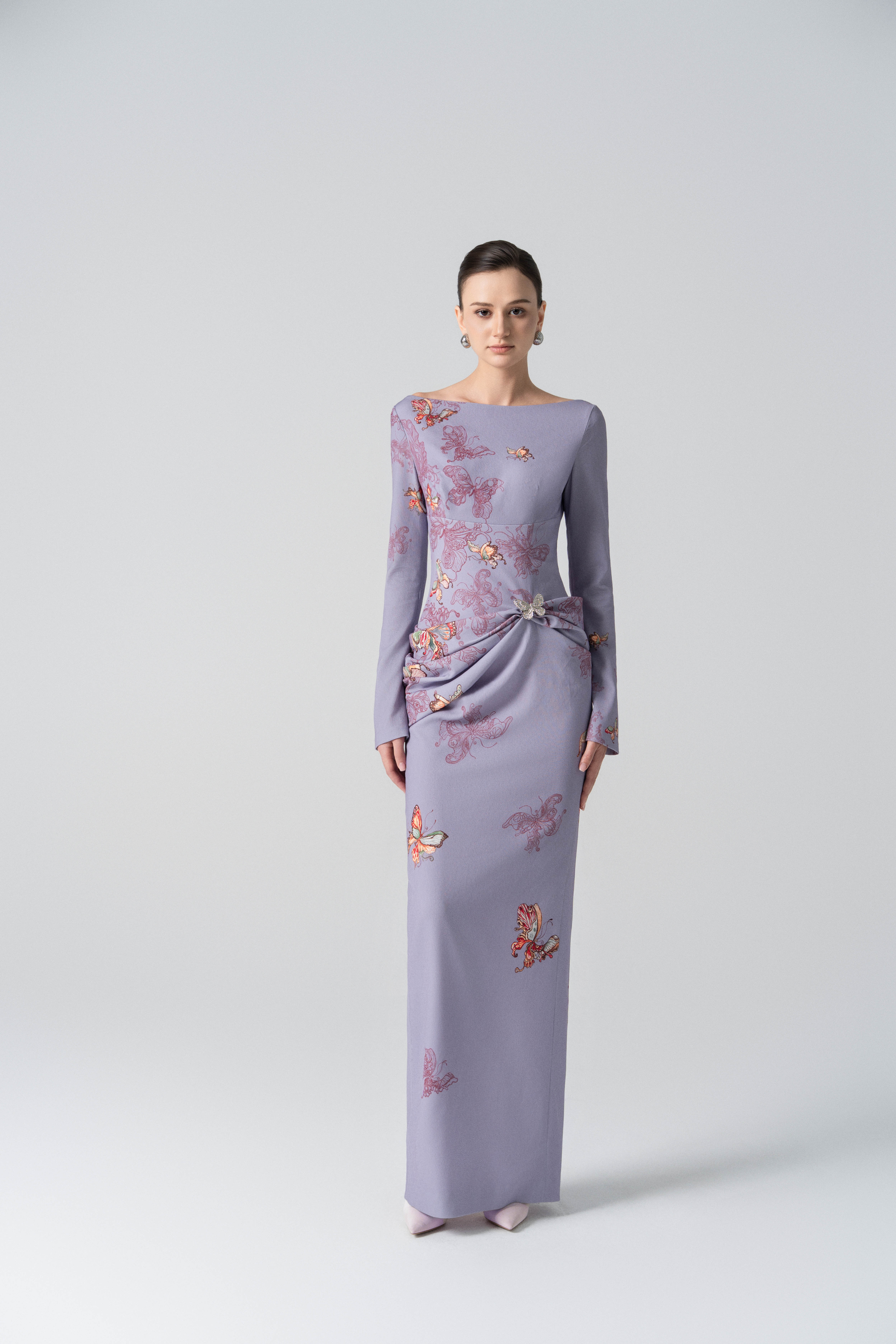 Butterfly Veil Pencil Dress in Almond Oil