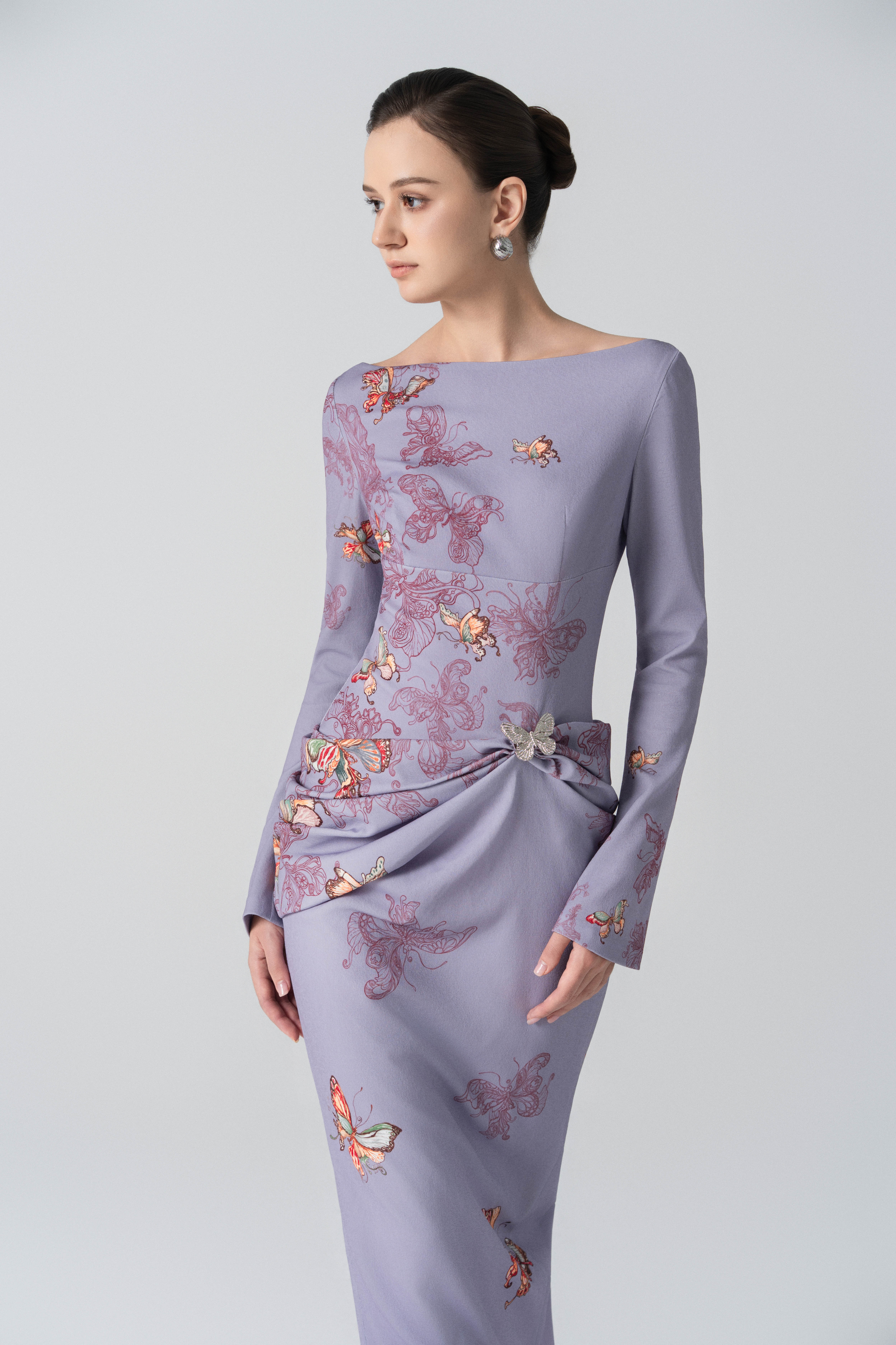 Butterfly Veil Pencil Dress in Almond Oil